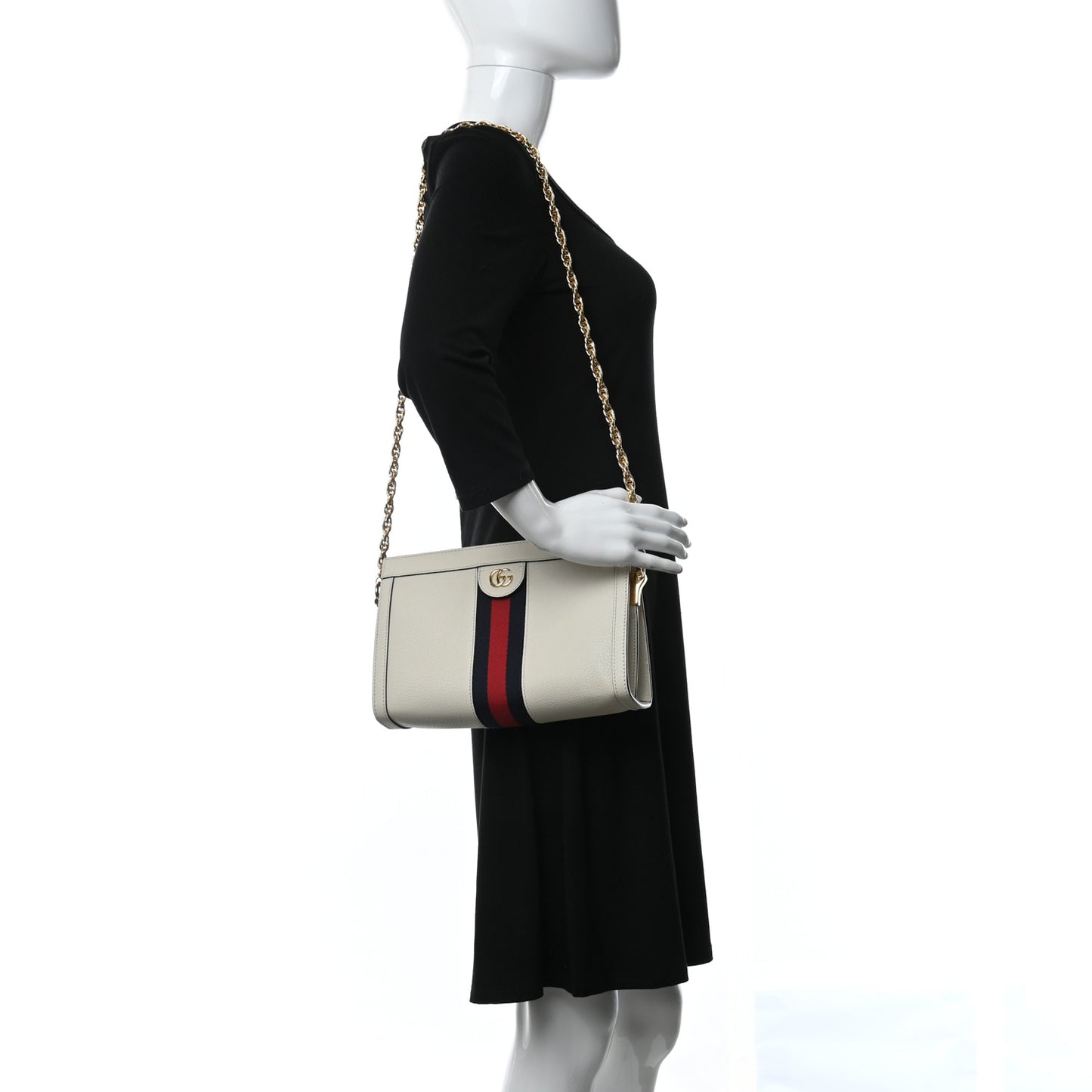Textured Calfskin Web Small Ophidia Chain Shoulder Bag Mystic White