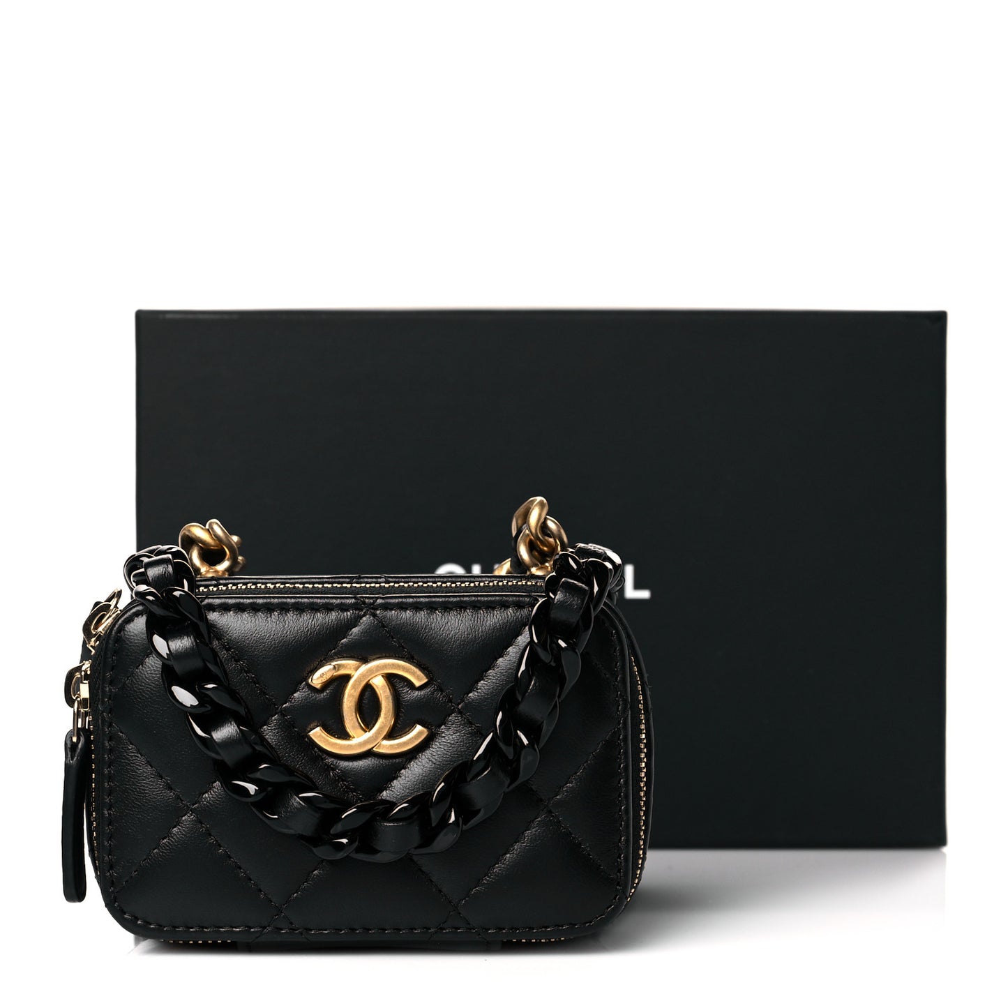 Lambskin Quilted Mini Lacquered Chain Clutch Black