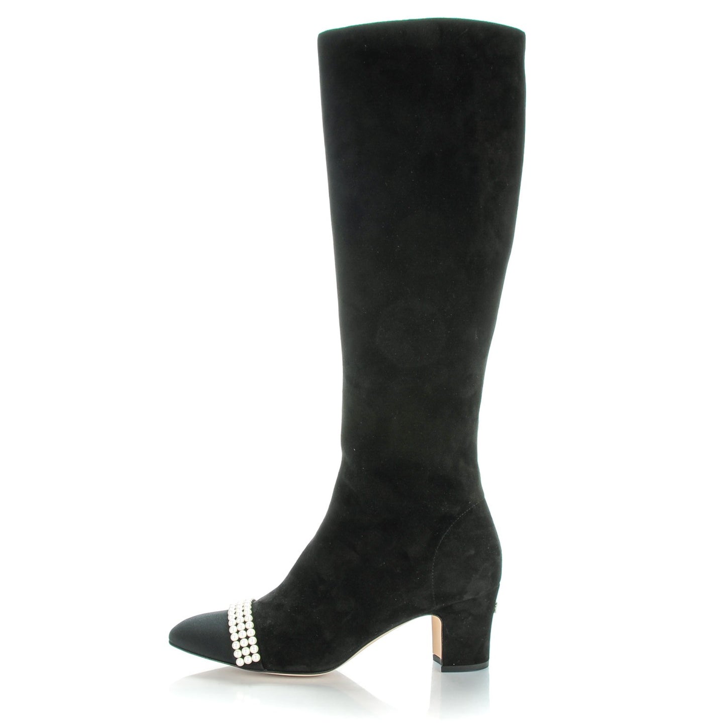 Suede Pearl Cap Toe Knee High Boots 38.5 Black