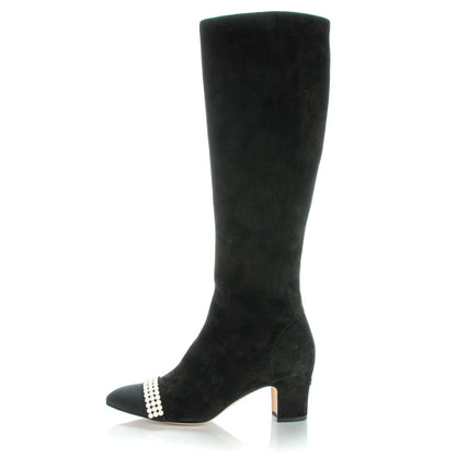 Chanel Suede Pearl Cap Toe Knee High Boots 38.5 Black 1 of 8