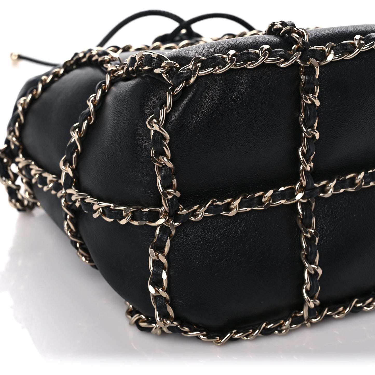 Lambskin Bucket Chain Drawstring Bag Black