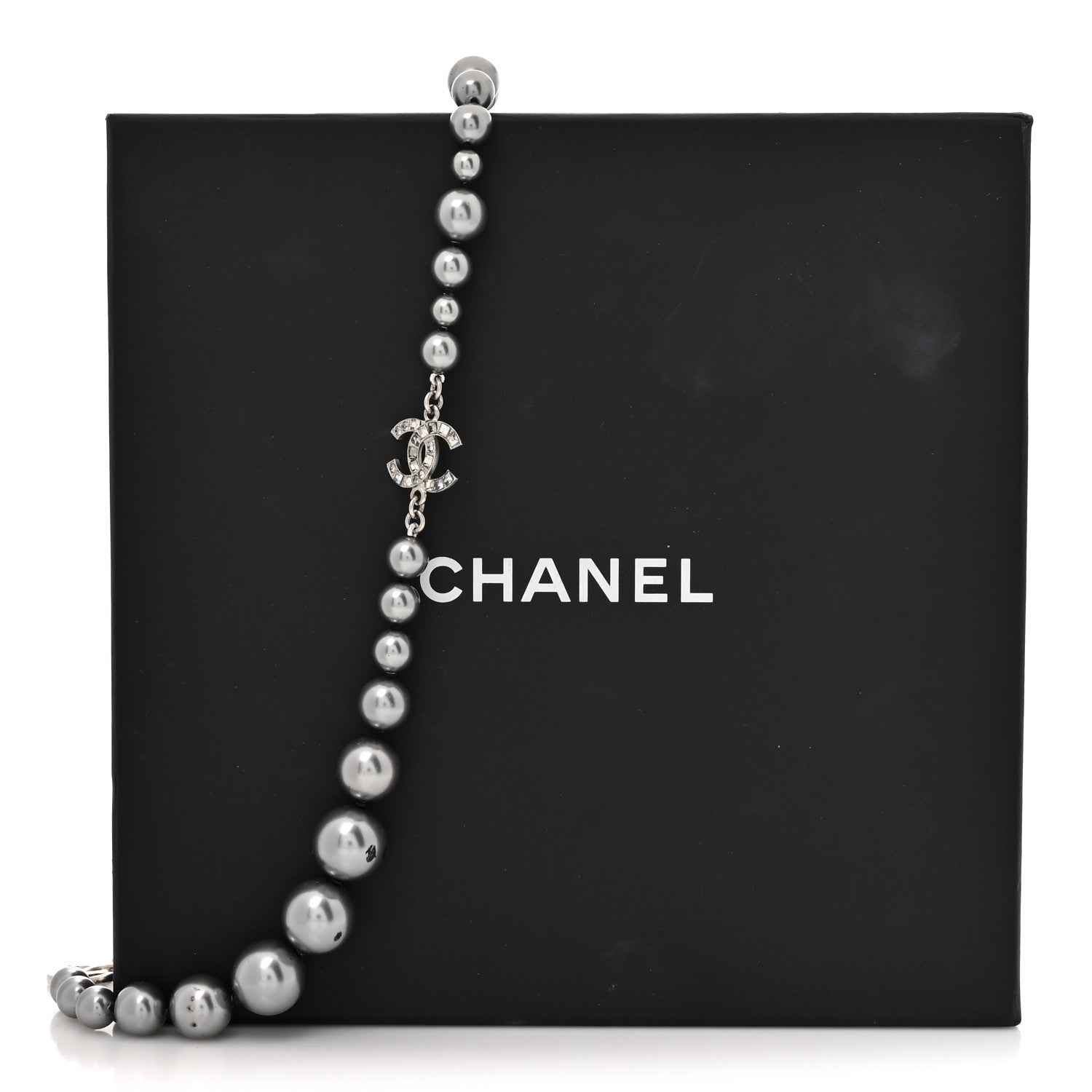 Chanel Crystal Baguette Graduated Pearl CC Short Necklace Silver Grey 7 of 7