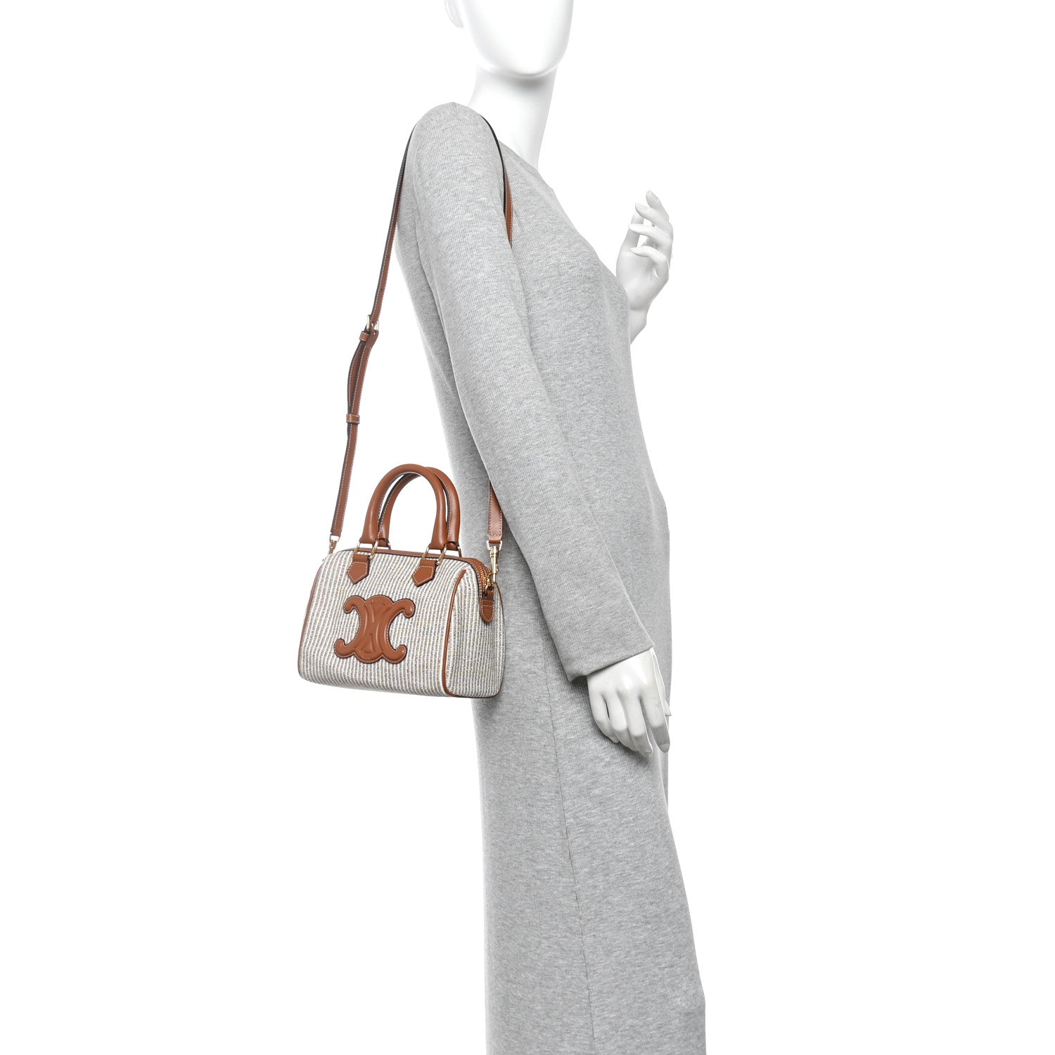 Celine Triomphe Textile Calfskin Striped Small Boston Bag Natural Tan 2 of 11