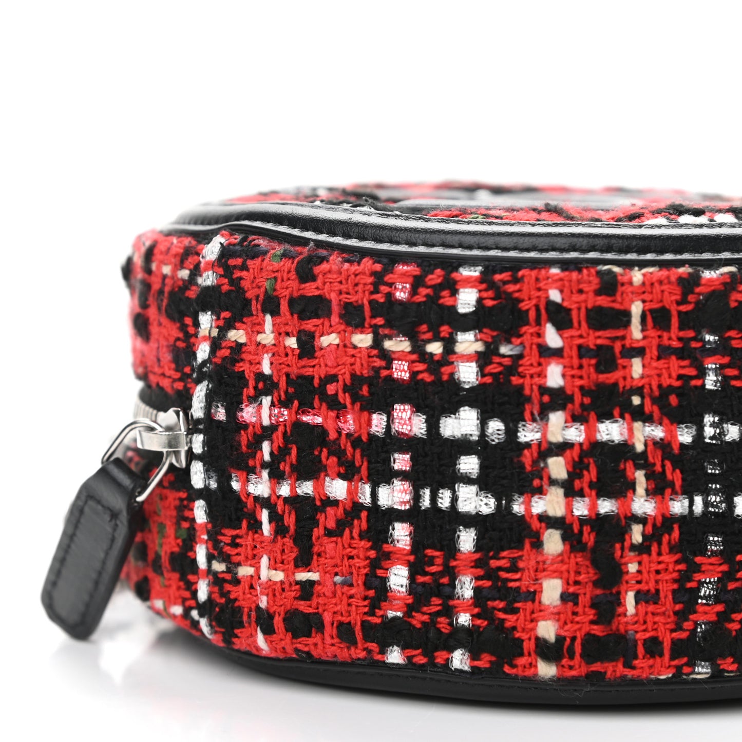 Tweed Quilted Round Filigree Clutch With Chain Red Black