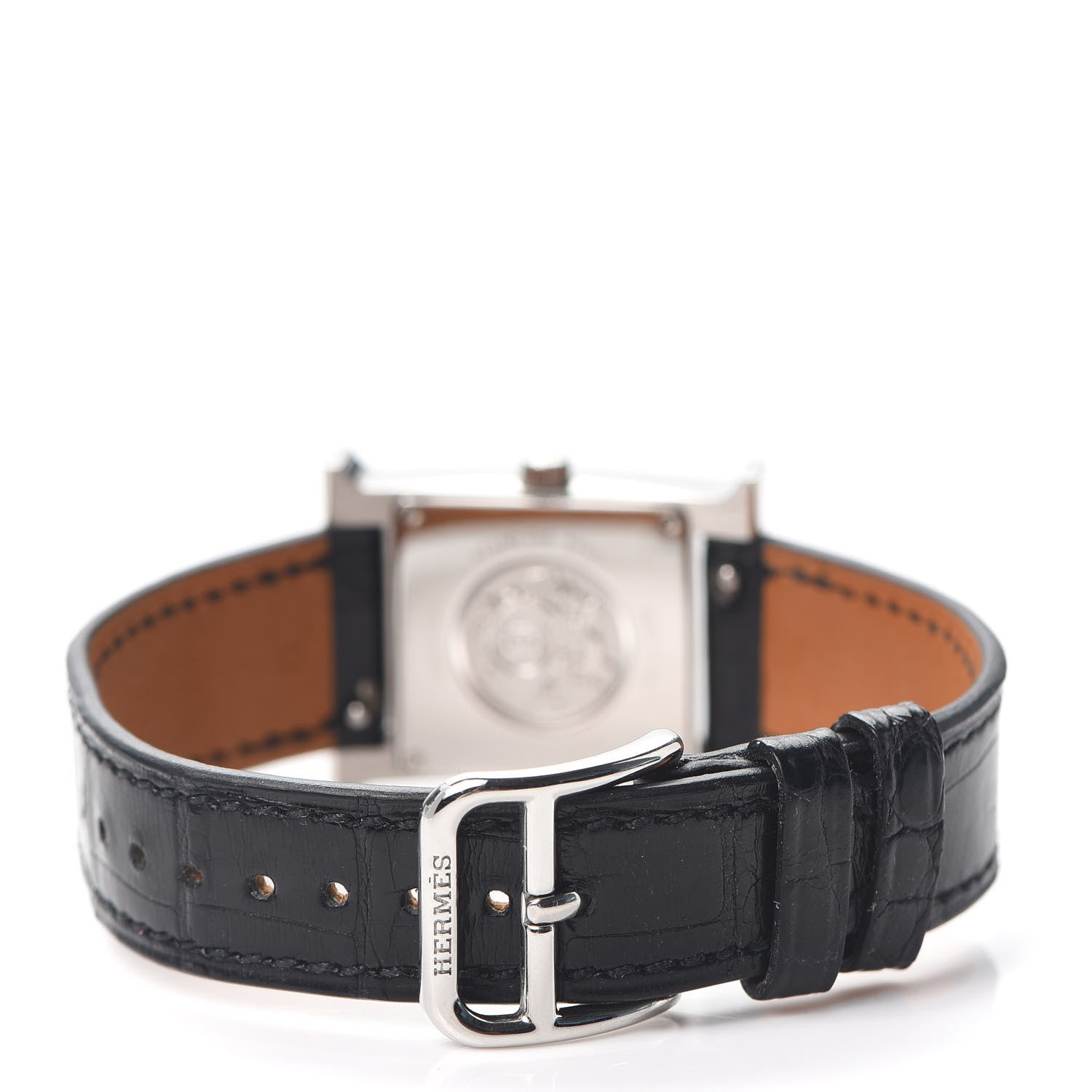 Hermes Stainless Steel Alligator Diamond Bezel Mother of Pearl 21mm Heure H Hour Quartz Watch Noir 3 of 5