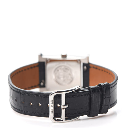 Hermes Stainless Steel Alligator Diamond Bezel Mother of Pearl 21mm Heure H Hour Quartz Watch Noir 3 of 5