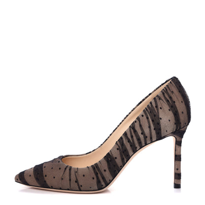 Jimmy Choo Tulle Suede Polka Dot Romy 85 Pumps 37 Black Nude 1 of 10