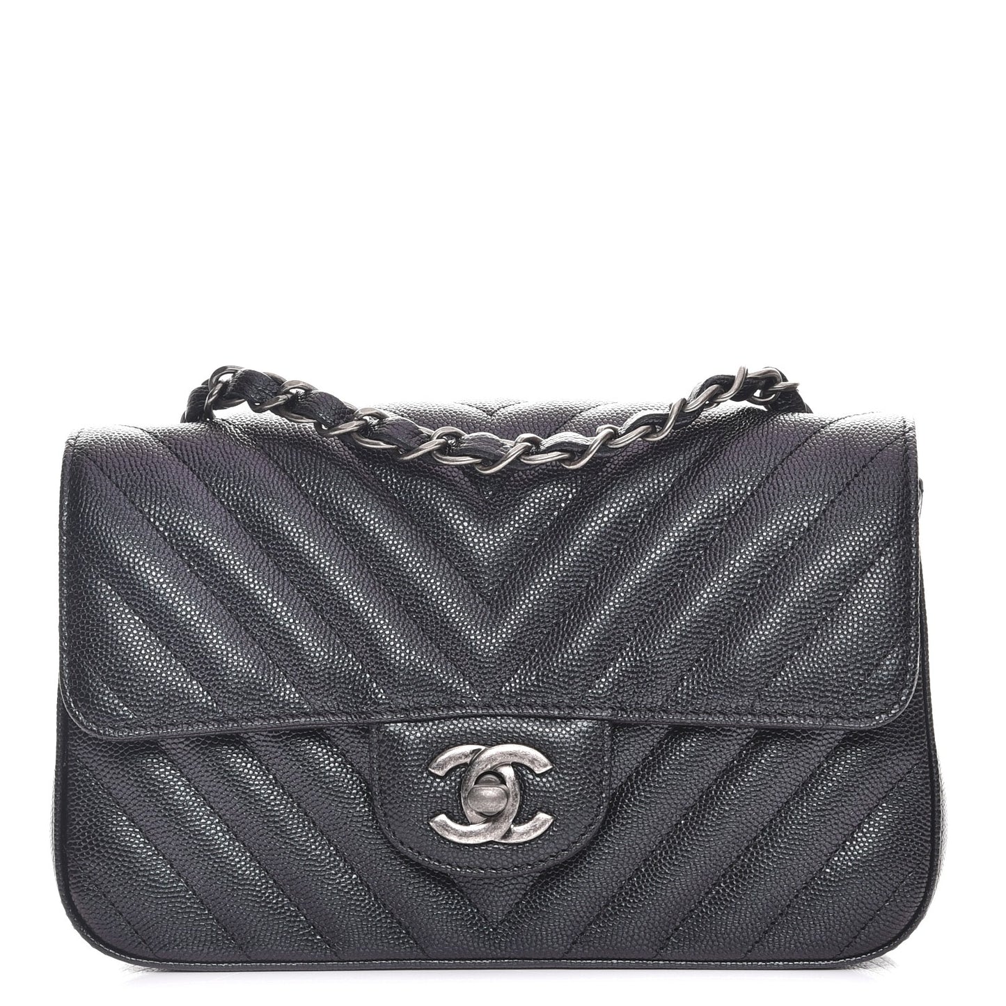 Iridescent Caviar Chevron Quilted Mini Rectangular Flap Black