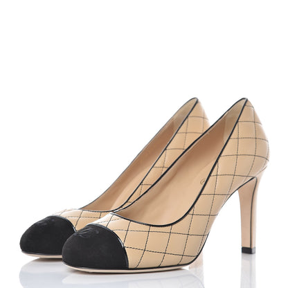 Chanel Lambskin Suede Quilted Cap Toe Pumps 38.5 Beige Black 3 of 9