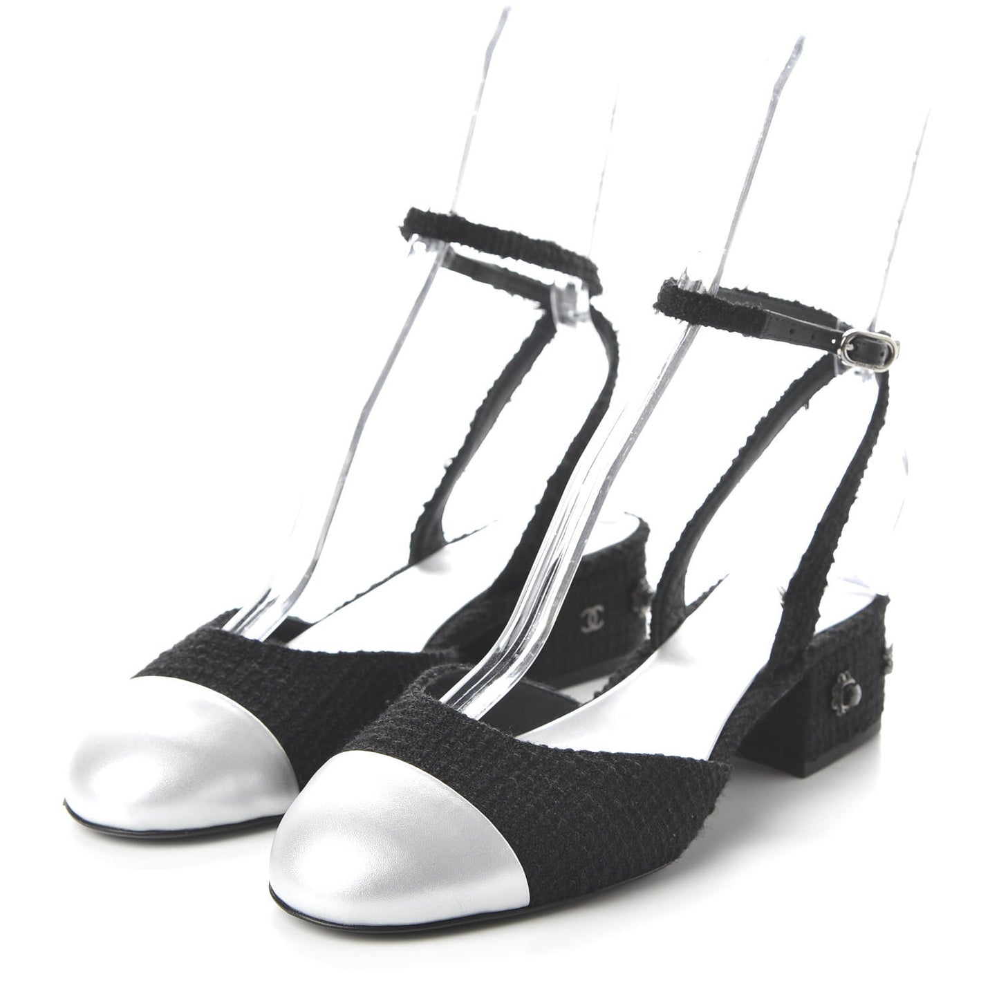 Tweed Iridescent Calfskin Cap Toe CC Slingback Pumps 38 Black Silver