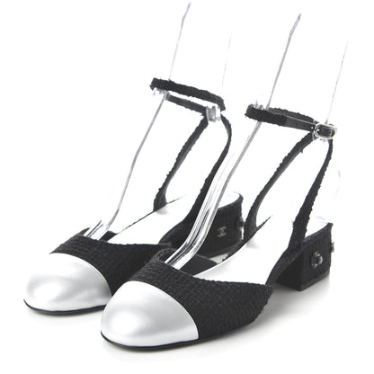Chanel Tweed Iridescent Calfskin Cap Toe CC Slingback Pumps 38 Black Silver 3 of 11