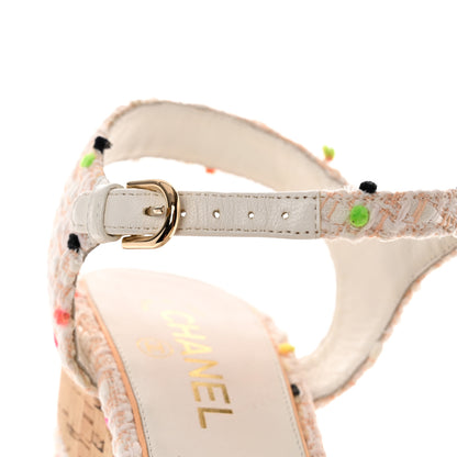 Chanel Tweed Cork Wedge Sandals 40 White Multicolor 9 of 12