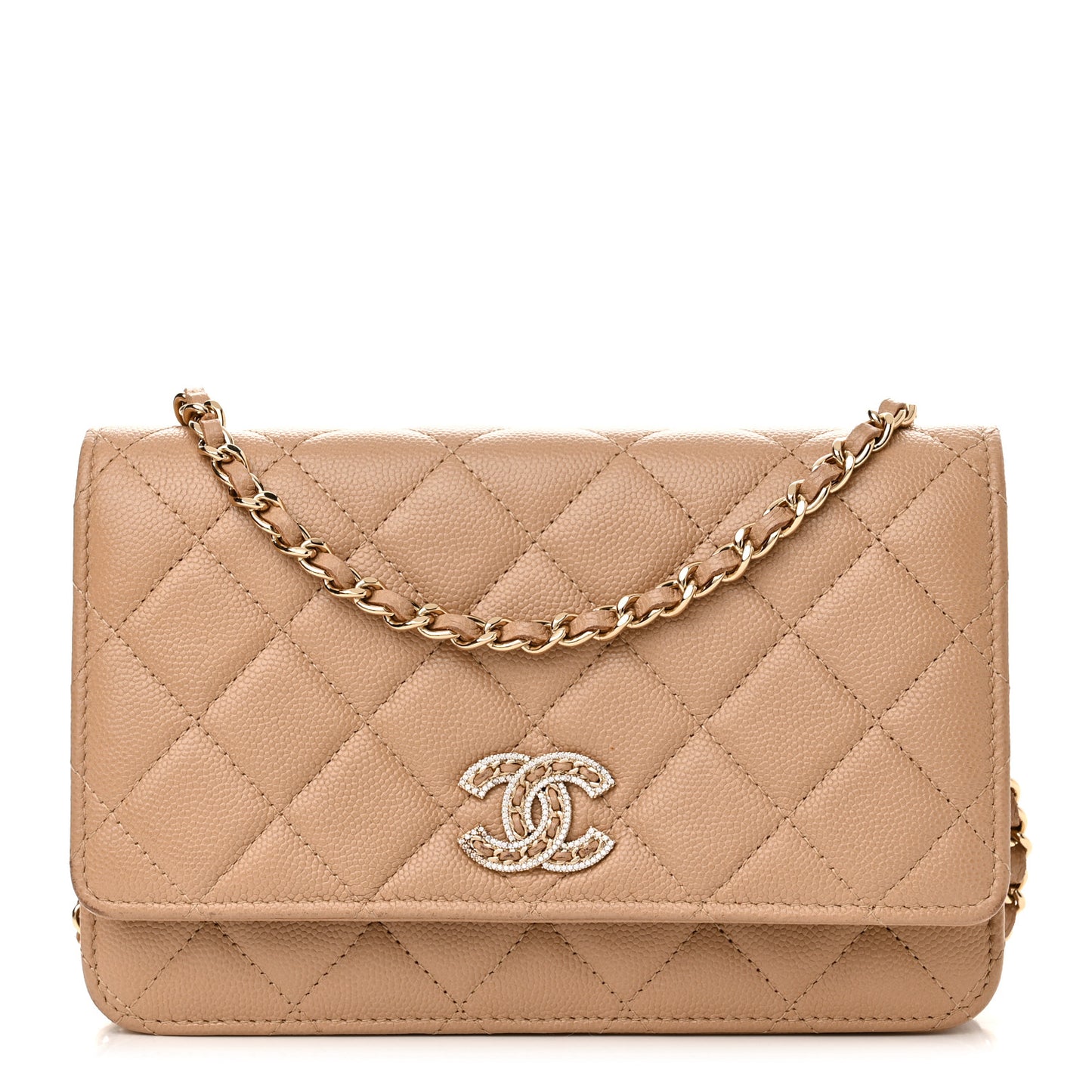 Caviar Quilted Crystal CC Wallet On Chain WOC Beige