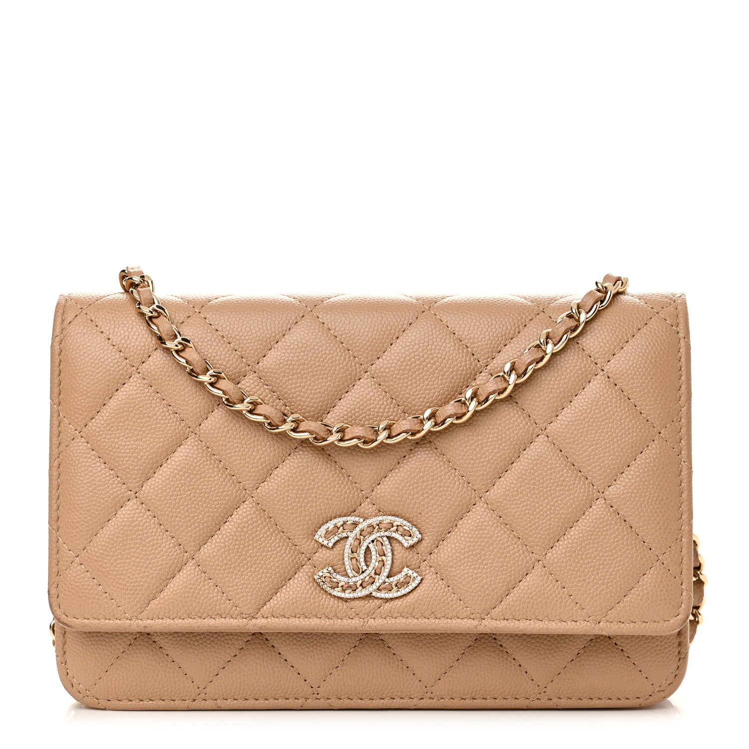 Chanel Caviar Quilted Crystal CC Wallet On Chain WOC Beige 1 of 12