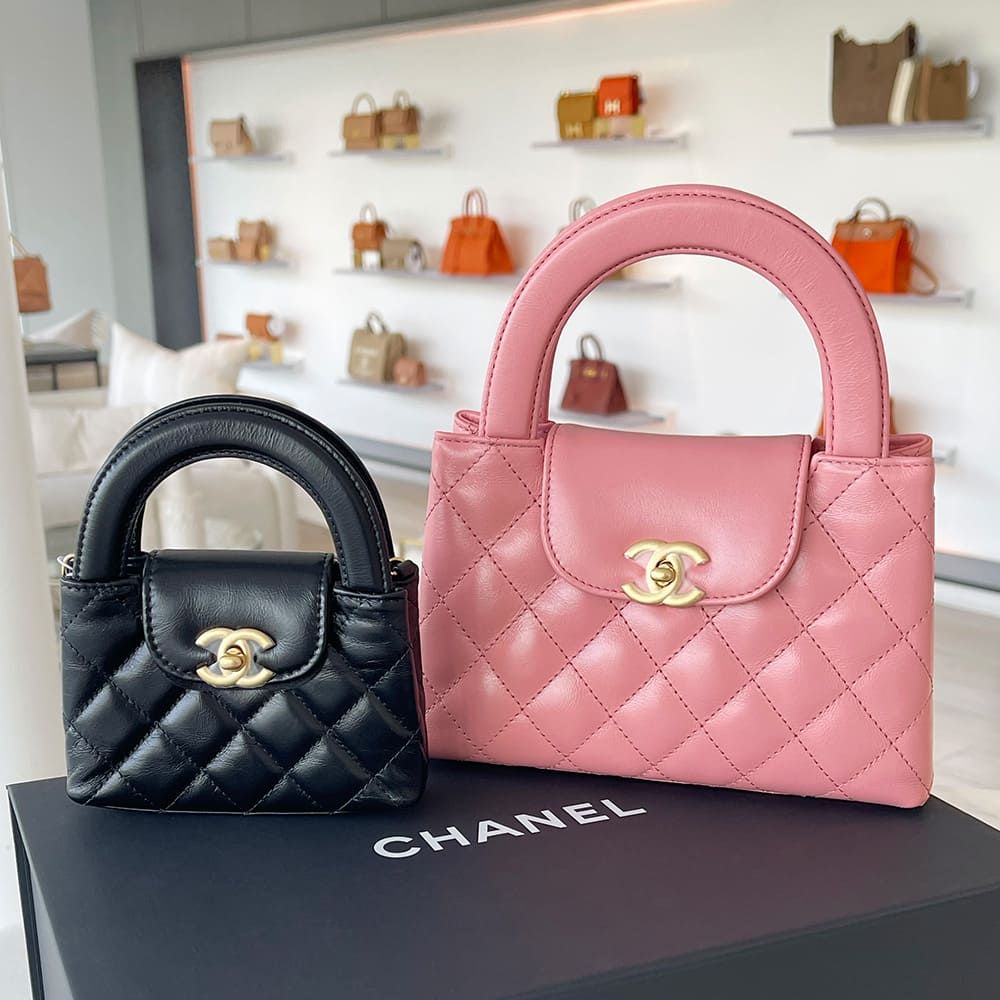 comparing the mini nano chanel kelly shopper bag in black with the chanel nano kelly shopper size in coral pink side by side by FASHIONPHILE