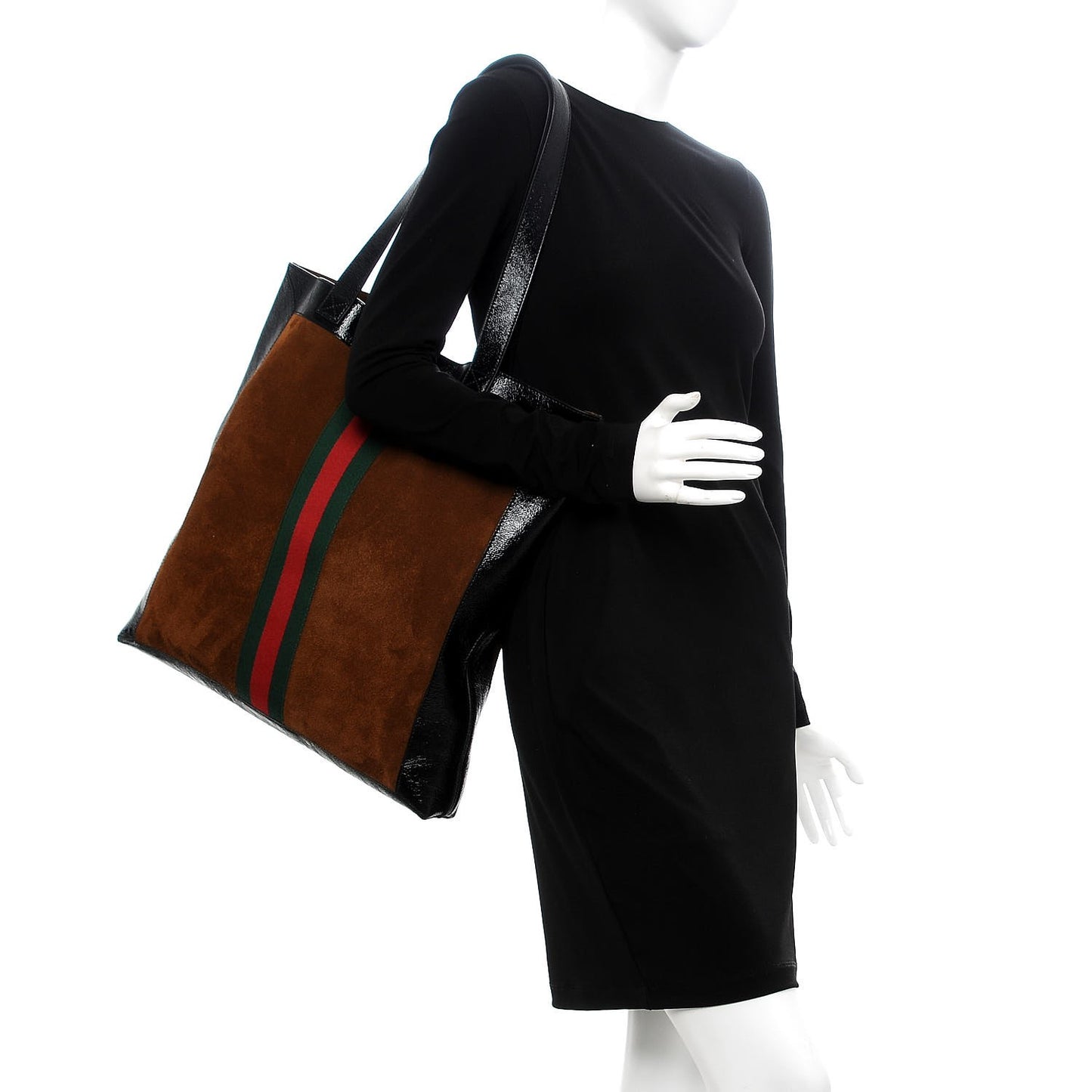 Suede Patent Web Large Ophidia Vertical Shopping Tote Nocciola Black