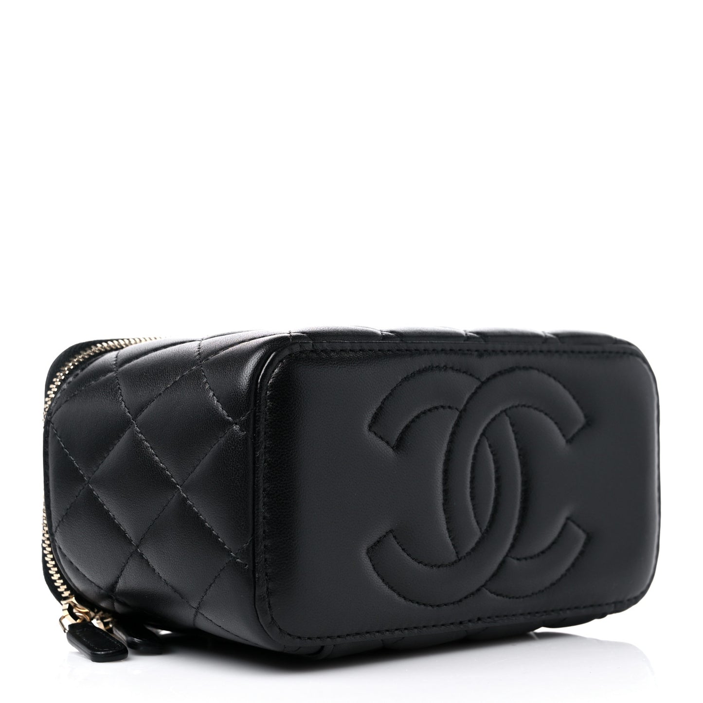 Lambskin Quilted Metal Small Top Handle Vanity Case With Chain Black