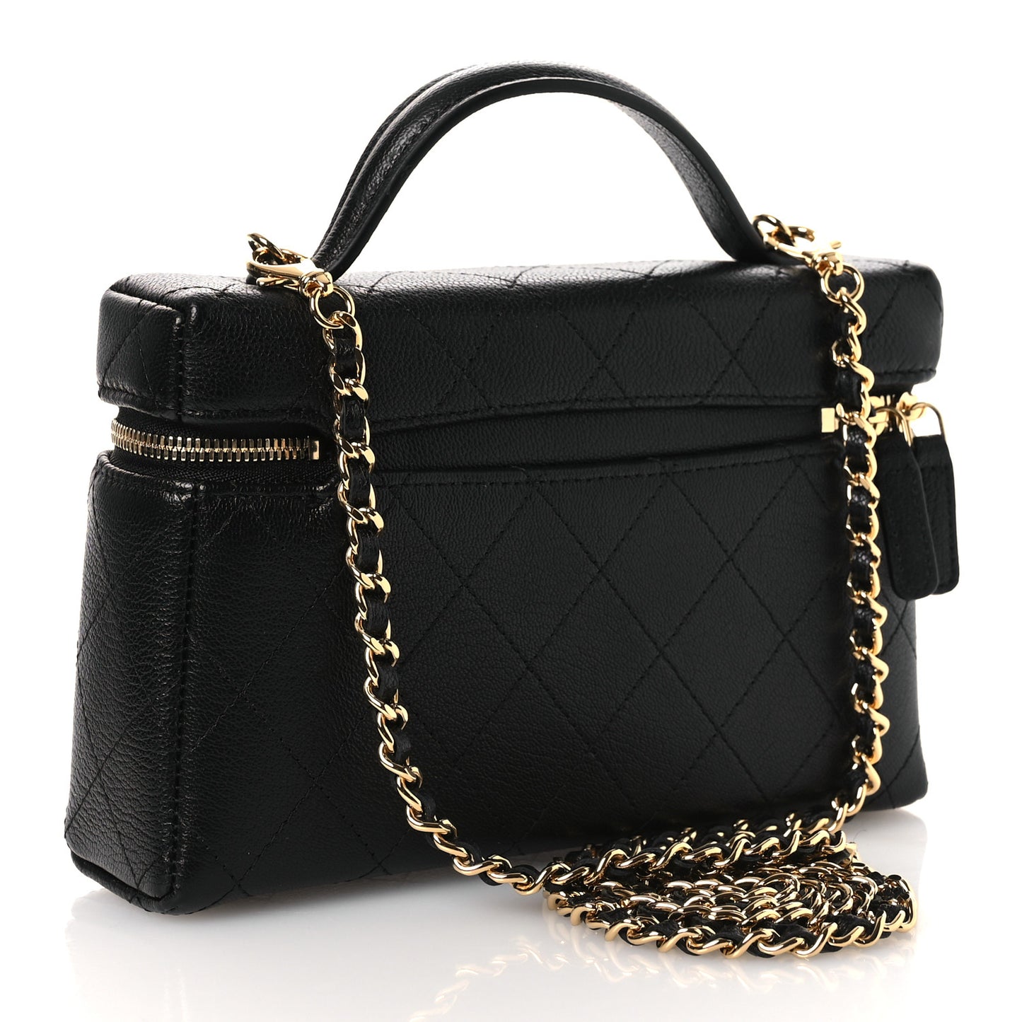 Goatskin Stitched Top Handle Slim Vanity With Chain Black