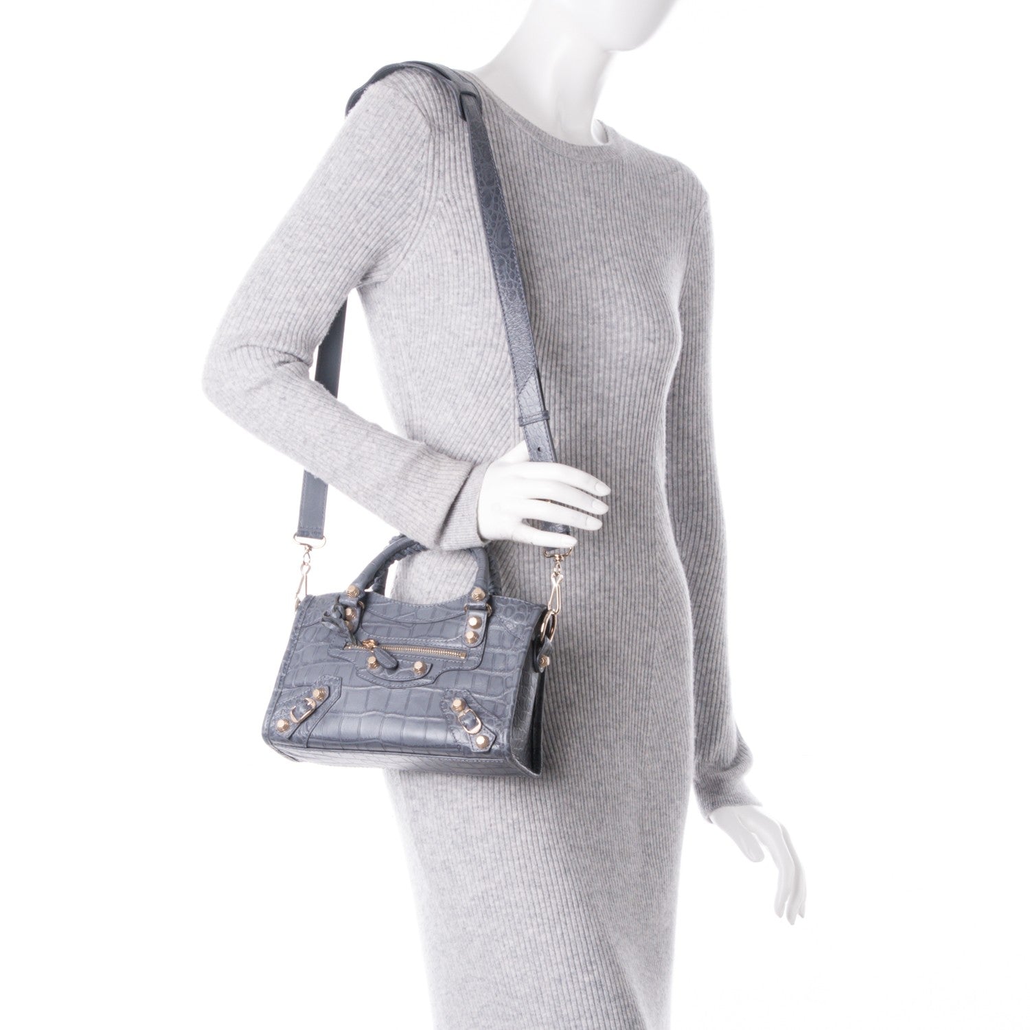 Balenciaga Calfskin Crocodile Embossed Giant 12 Gold Hardware Mini City Gris Beton 2 of 8