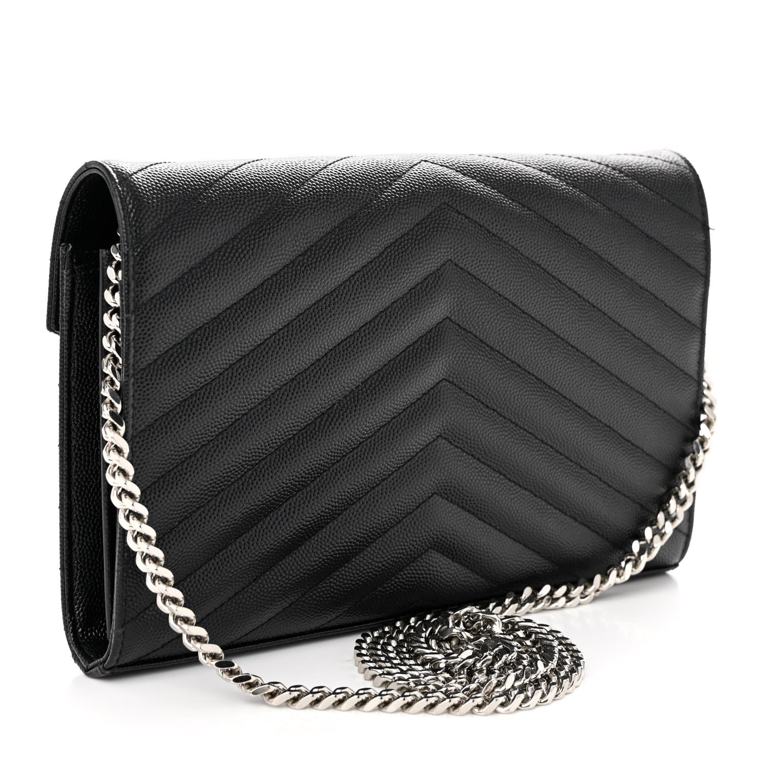 Saint Laurent Grain De Poudre Matelasse Chevron Monogram Chain Wallet Black 3 of 9