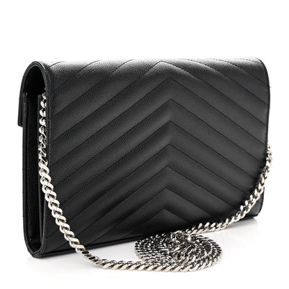 Saint Laurent Grain De Poudre Matelasse Chevron Monogram Chain Wallet Black 3 of 9