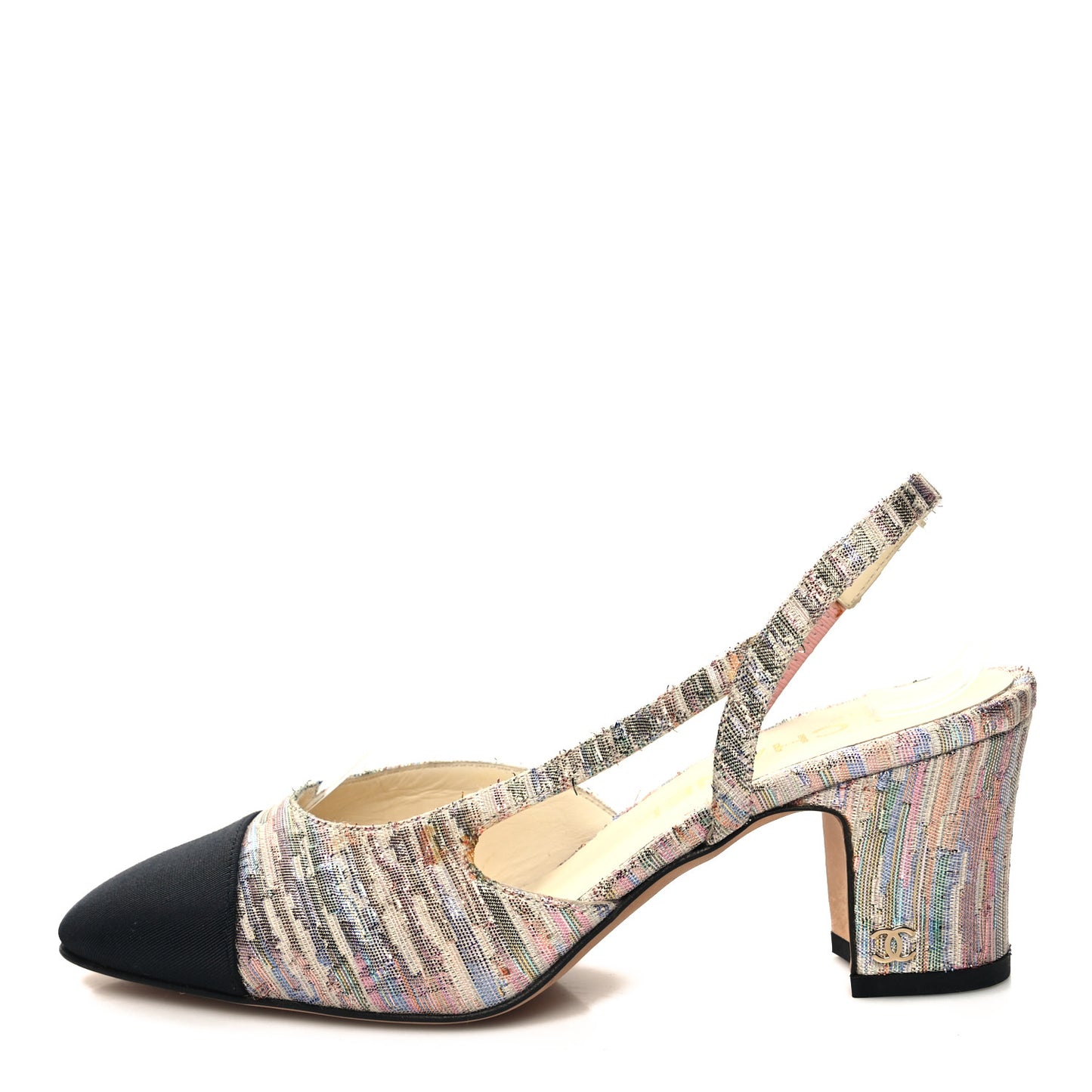 Tweed Grosgrain Cap Toe CC Slingback Pumps 37 Iridescent Multicolor Black