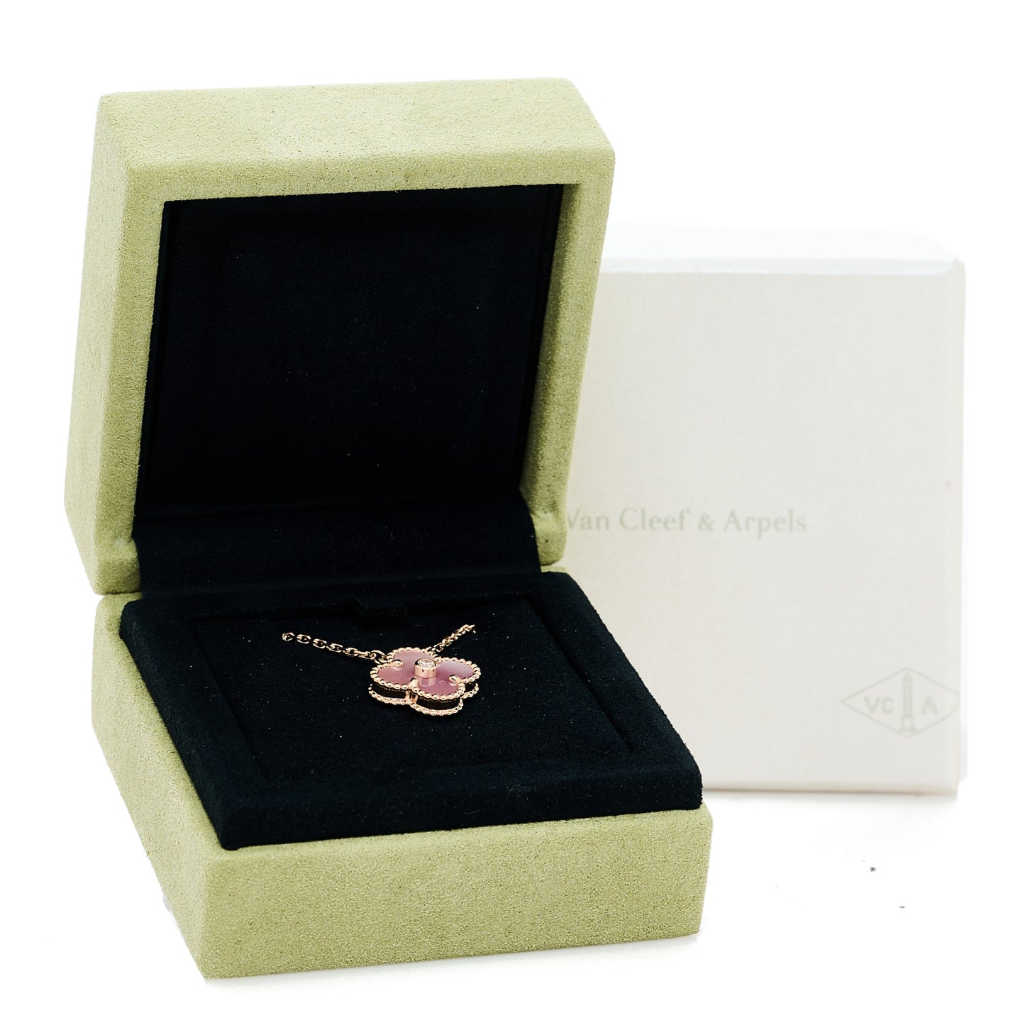 18K Rose Gold Diamond Pink Mother of Pearl Vintage Alhambra Pendant Necklace