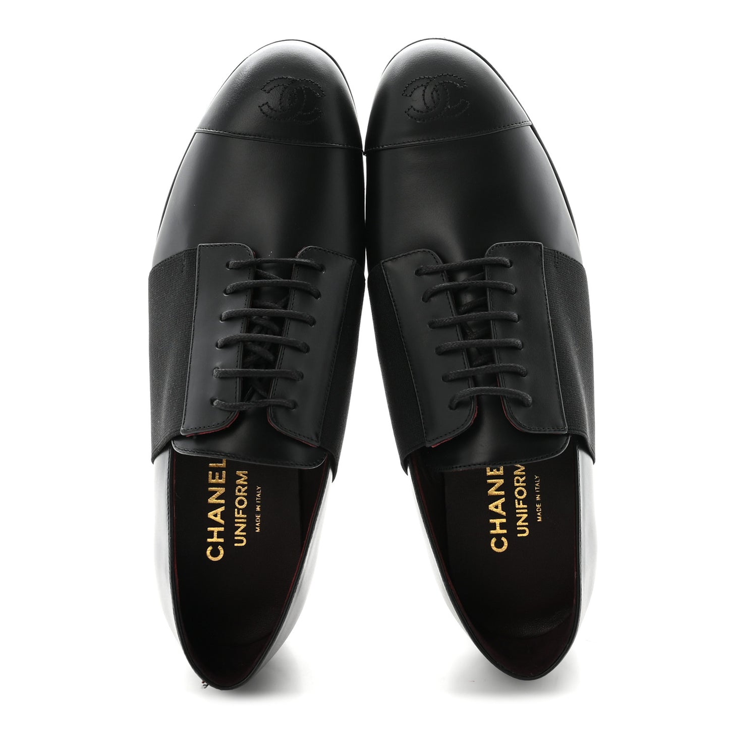 Calfskin Elastic Lace Up Cap Toe CC Loafers 40 Black