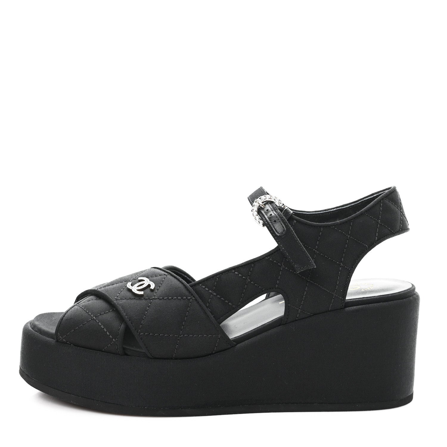 Chanel Grosgrain Quilted Crystal CC Platform Sandals 39.5 Black 1 of 10
