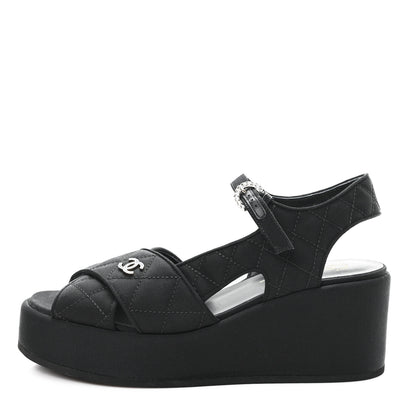Chanel Grosgrain Quilted Crystal CC Platform Sandals 39.5 Black 1 of 10