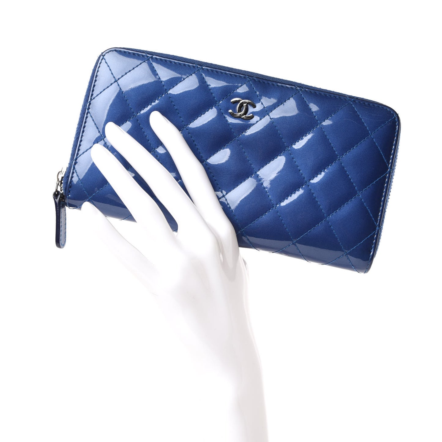Patent Quilted Large Gusset Zip Around Wallet Blue