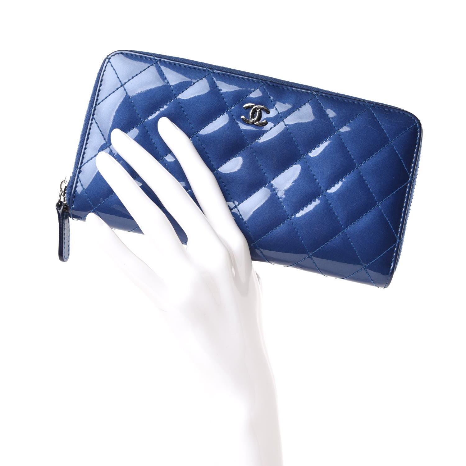 Chanel Patent Quilted Large Gusset Zip Around Wallet Blue 2 of 11