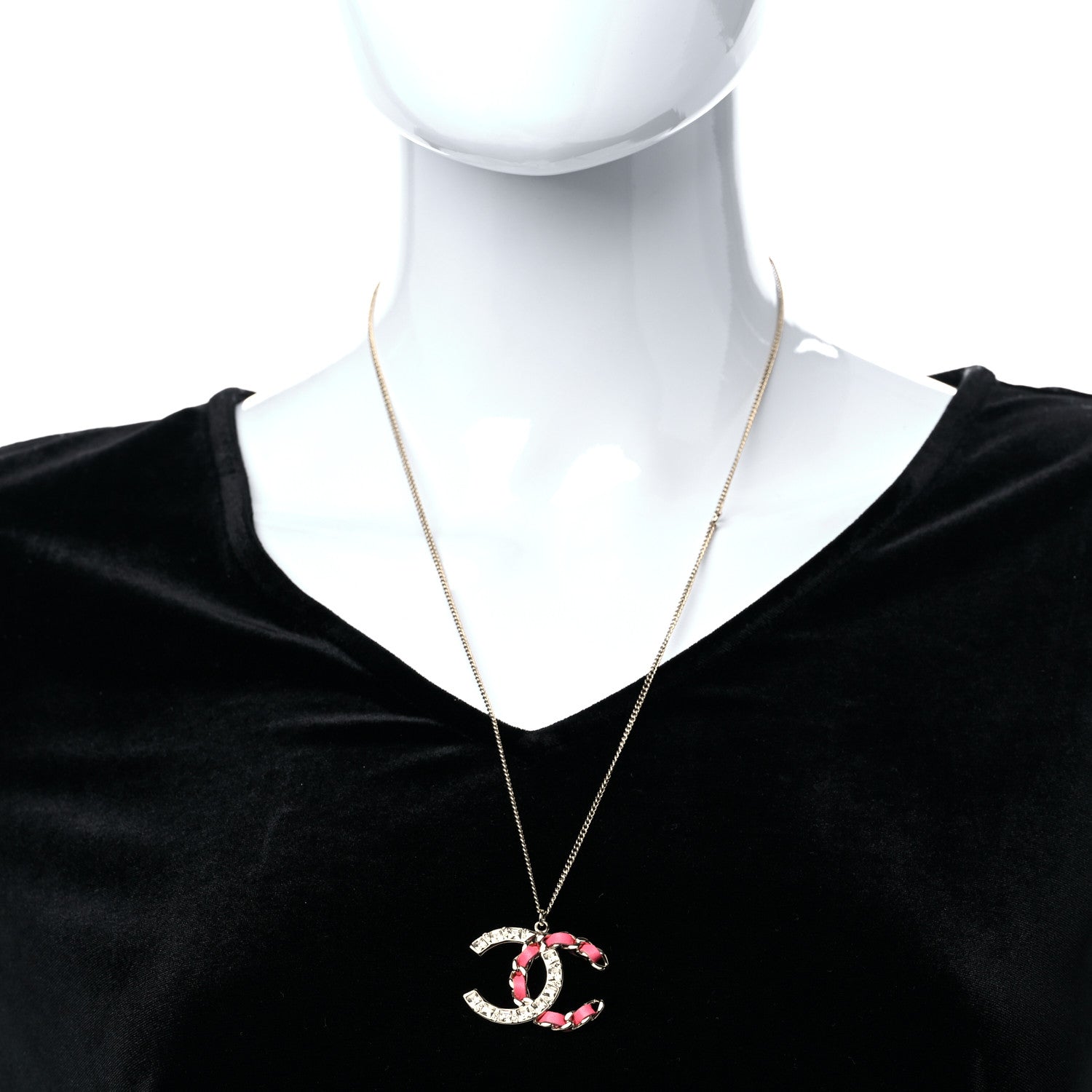 Chanel Lambskin Baguette Crystal CC Necklace Gold Pink 3 of 5