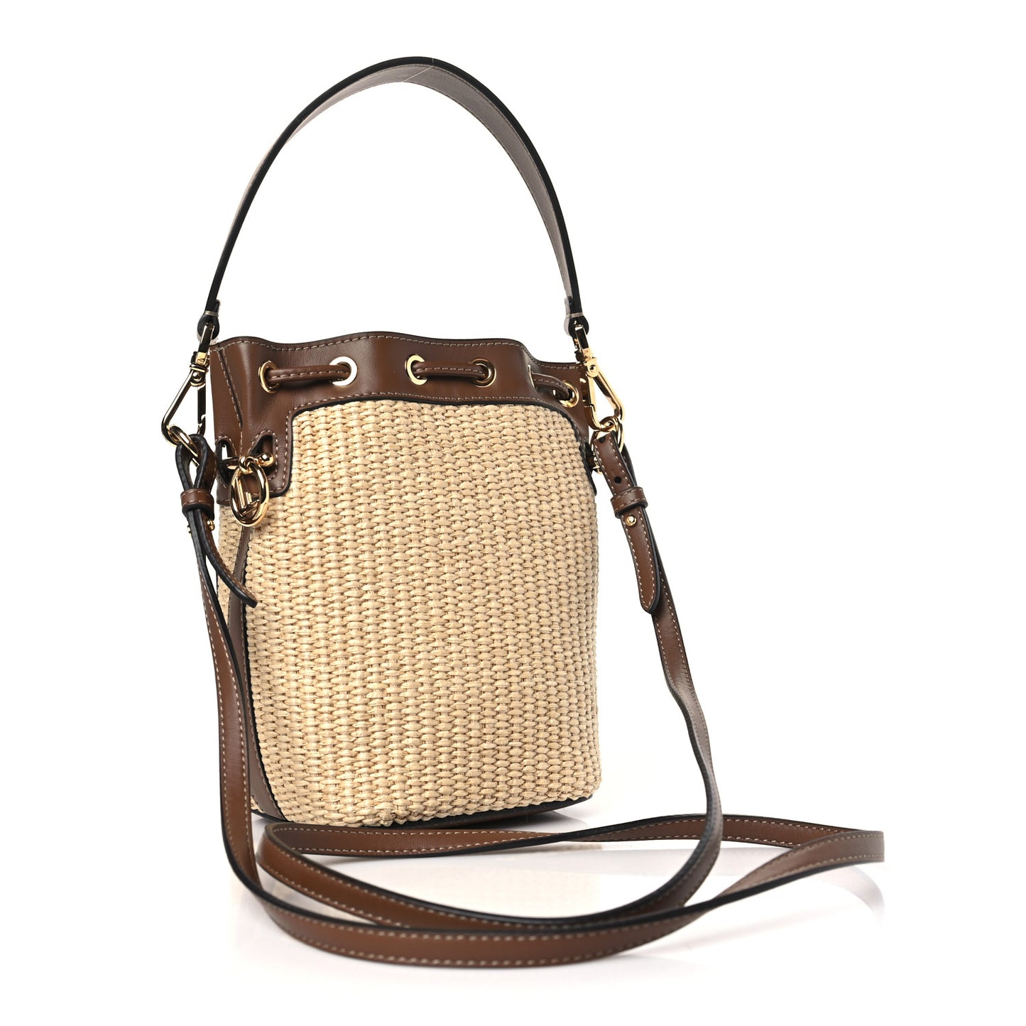 Straw F is Fendi Logo Crochet Mini Mon Tresor Bucket Bag Naturale Black