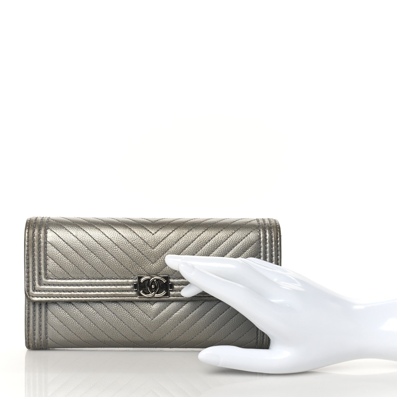 Chanel Metallic Caviar Chevron Quilted Large Boy Gusset Flap Wallet Silver 2 of 8
