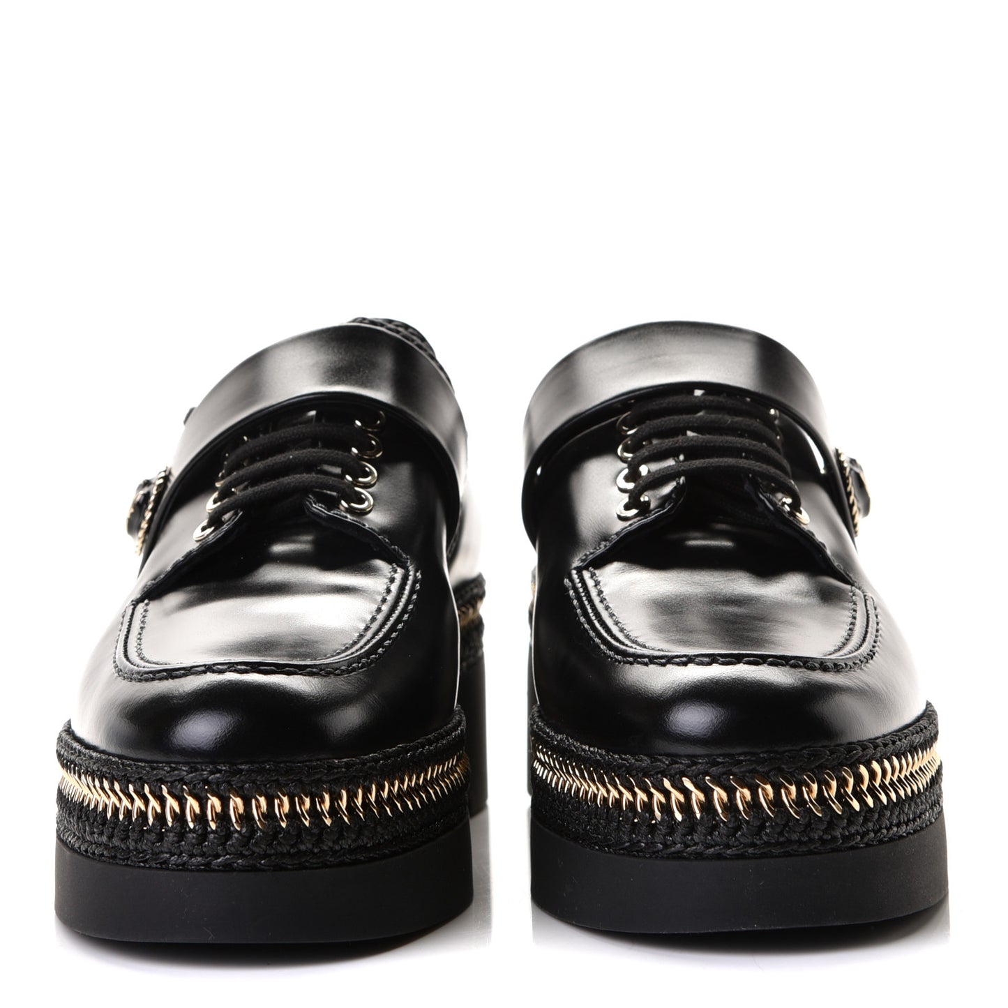 Shiny Calfskin Lace Up Platform Loafers 36 Black