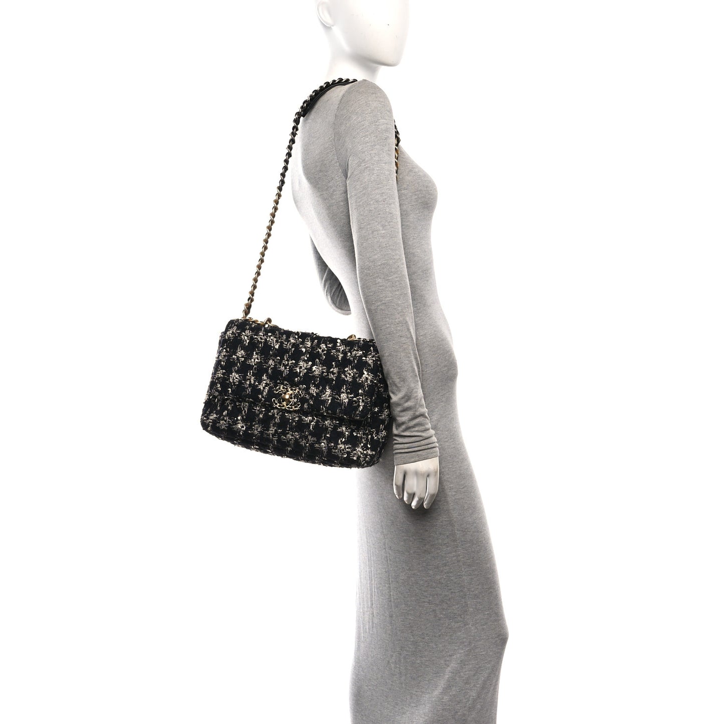 Tweed Quilted Large Chanel 19 Flap Black Silver Ecru