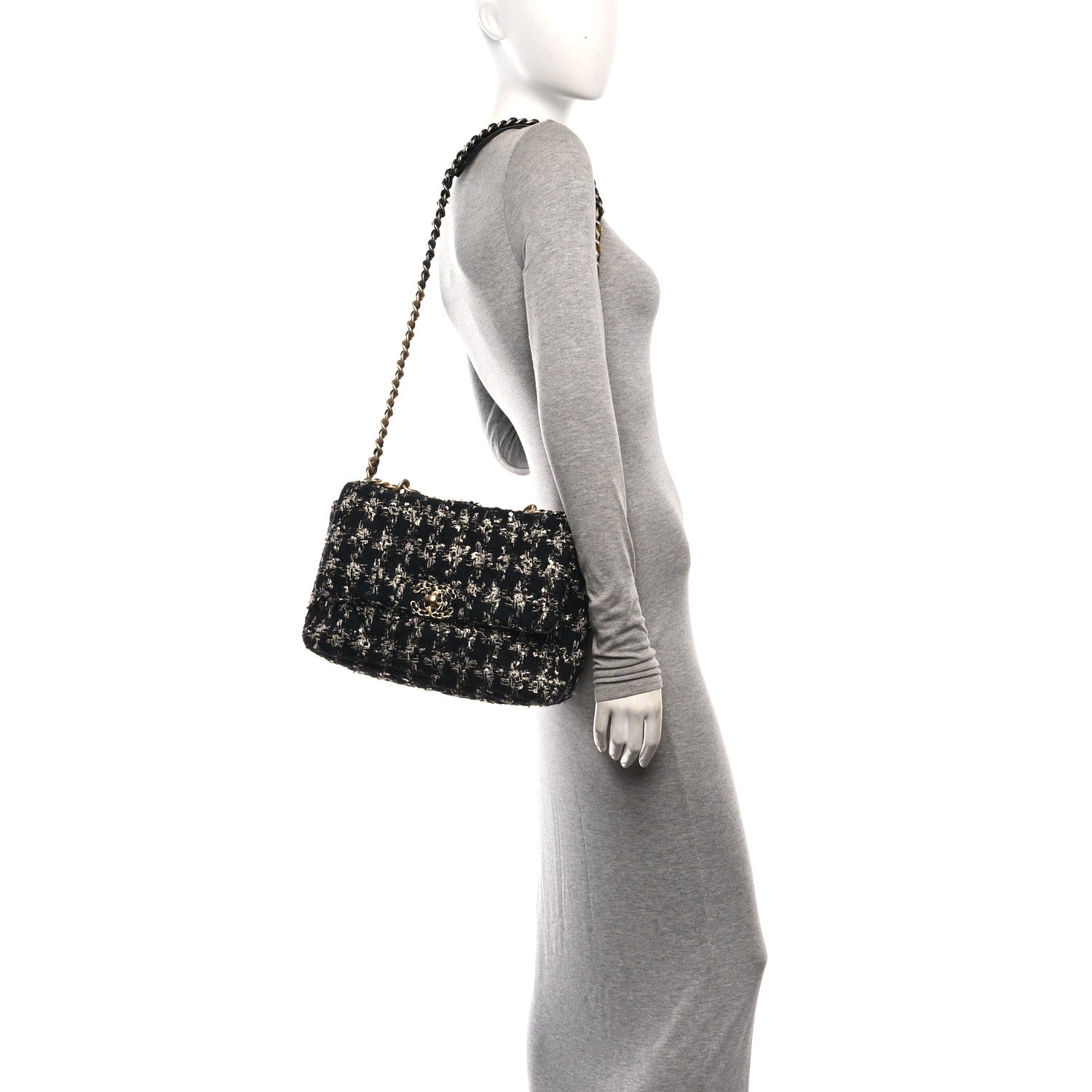 Chanel Tweed Quilted Large Chanel 19 Flap Black Silver Ecru 2 of 11