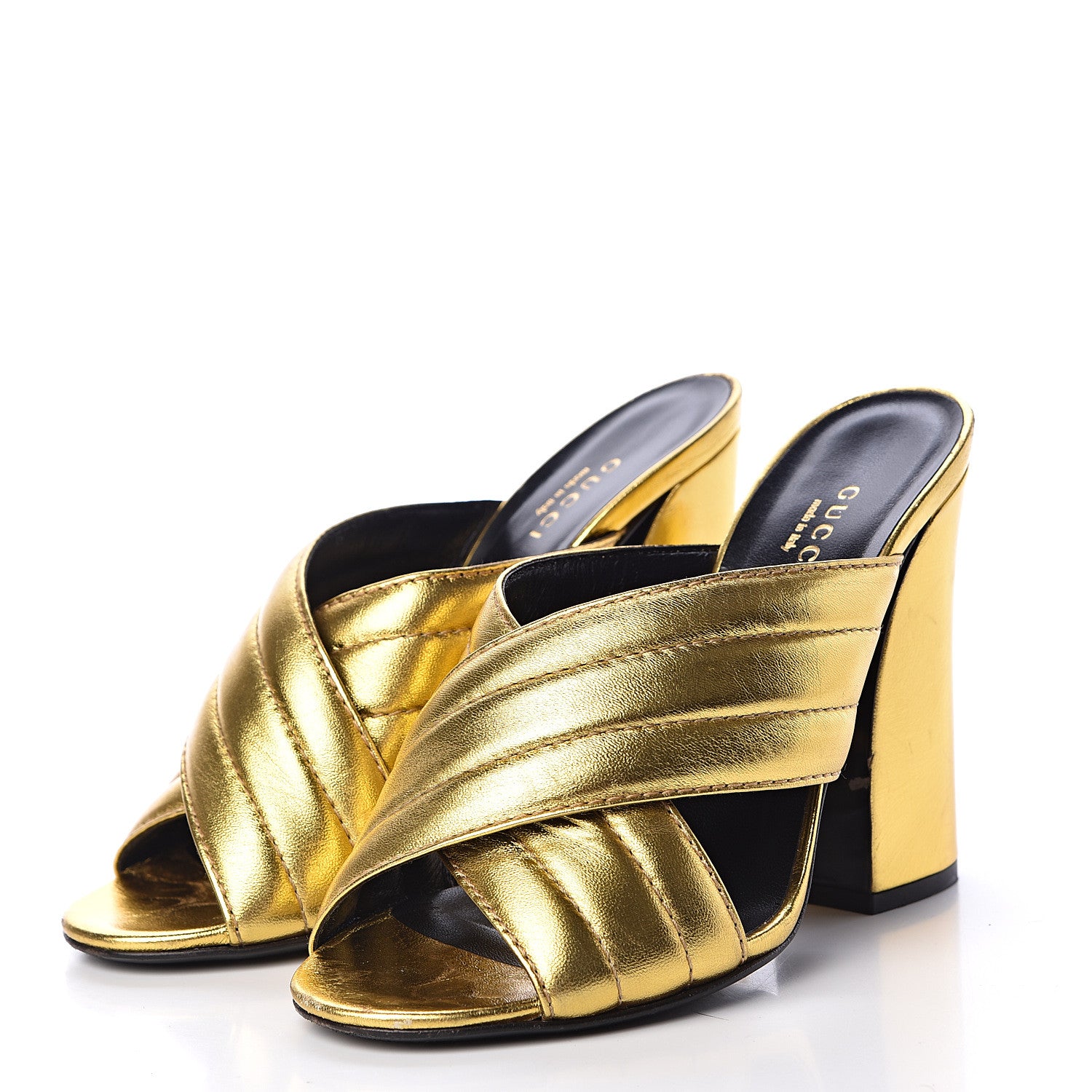 Gucci Metallic Nappa Webby Crossover High Heel Slide Sandals 37.5 Oro Vecchio 4 of 18