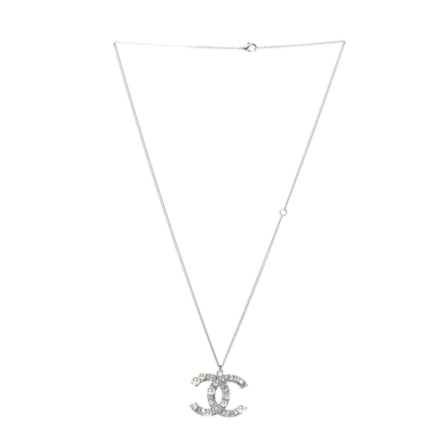 Crystal Pearl CC Pendant Necklace Silver