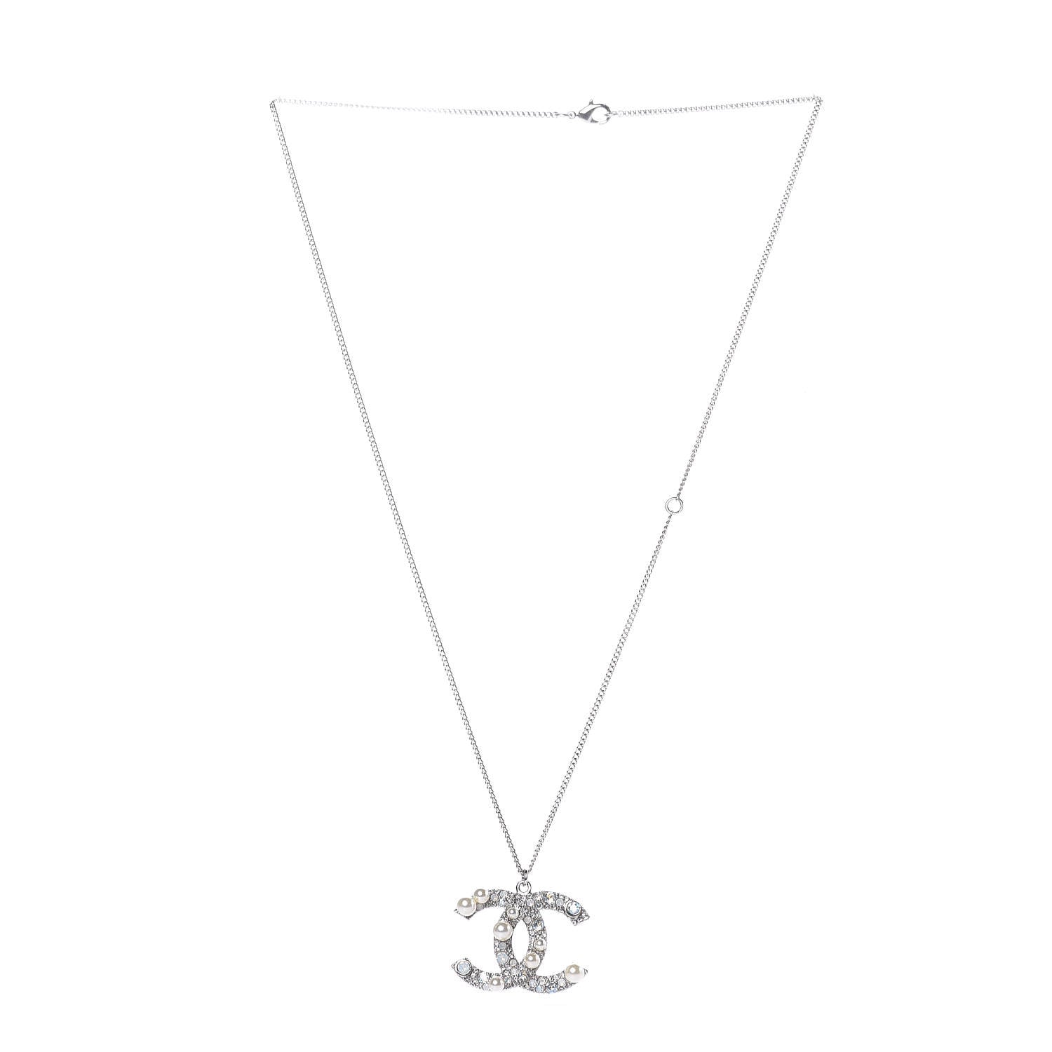 Chanel Crystal Pearl CC Pendant Necklace Silver 3 of 6