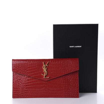 Saint Laurent Calfskin Crocodile Embossed Uptown Monogram Clutch Rouge Eros 9 of 9