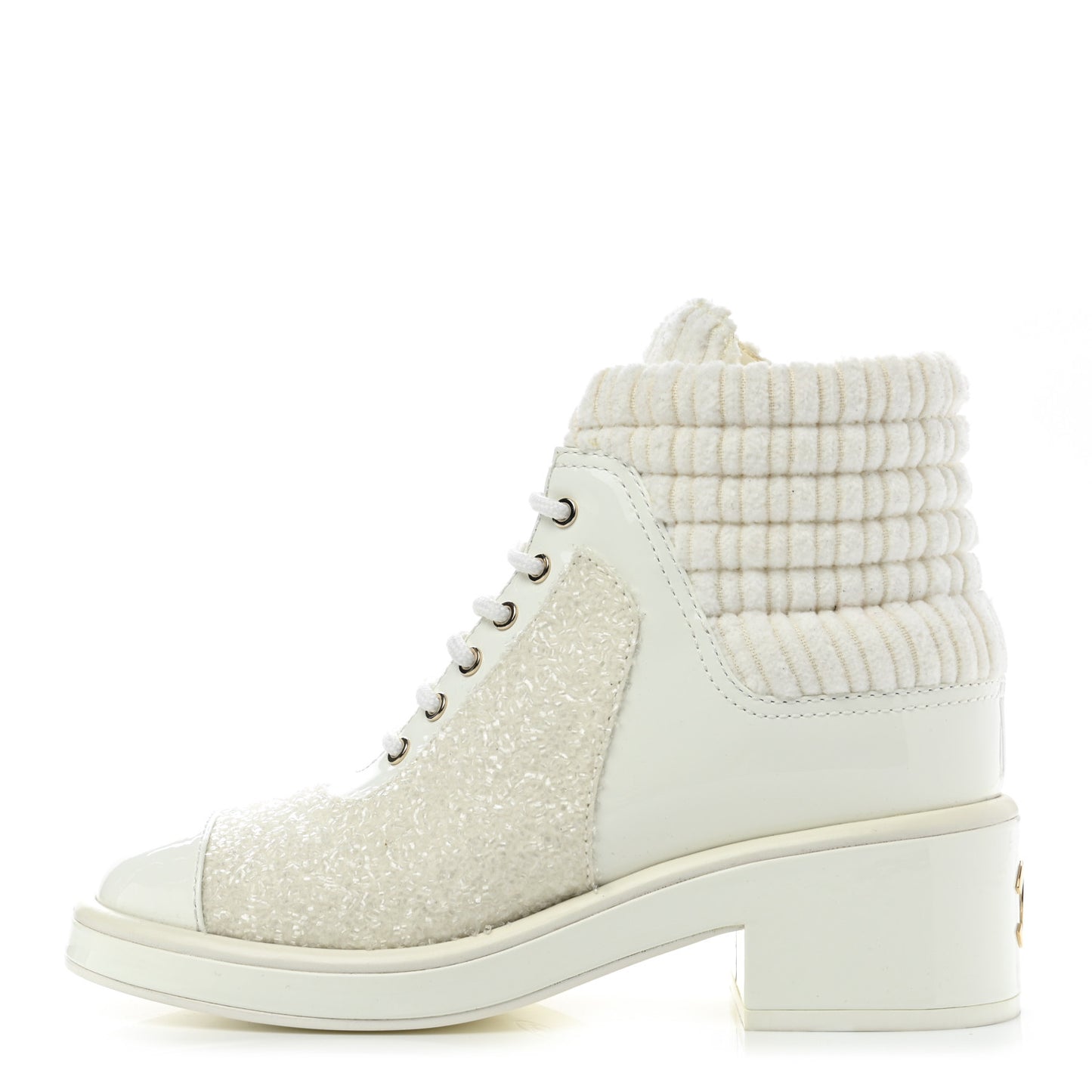 Tweed Patent Calfskin Velvet Lace Up Boots 37 White