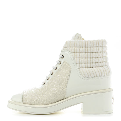 Chanel Tweed Patent Calfskin Velvet Lace Up Boots 37 White 1 of 11