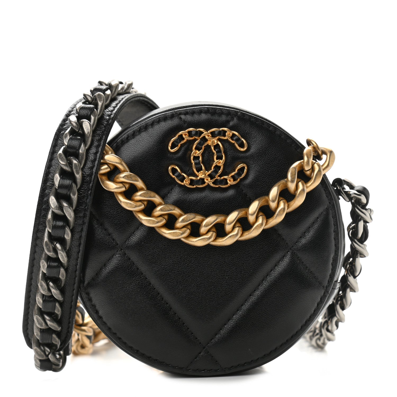 Chanel Lambskin Quilted Chanel 19 Round Clutch With Chain Black 1 of 10