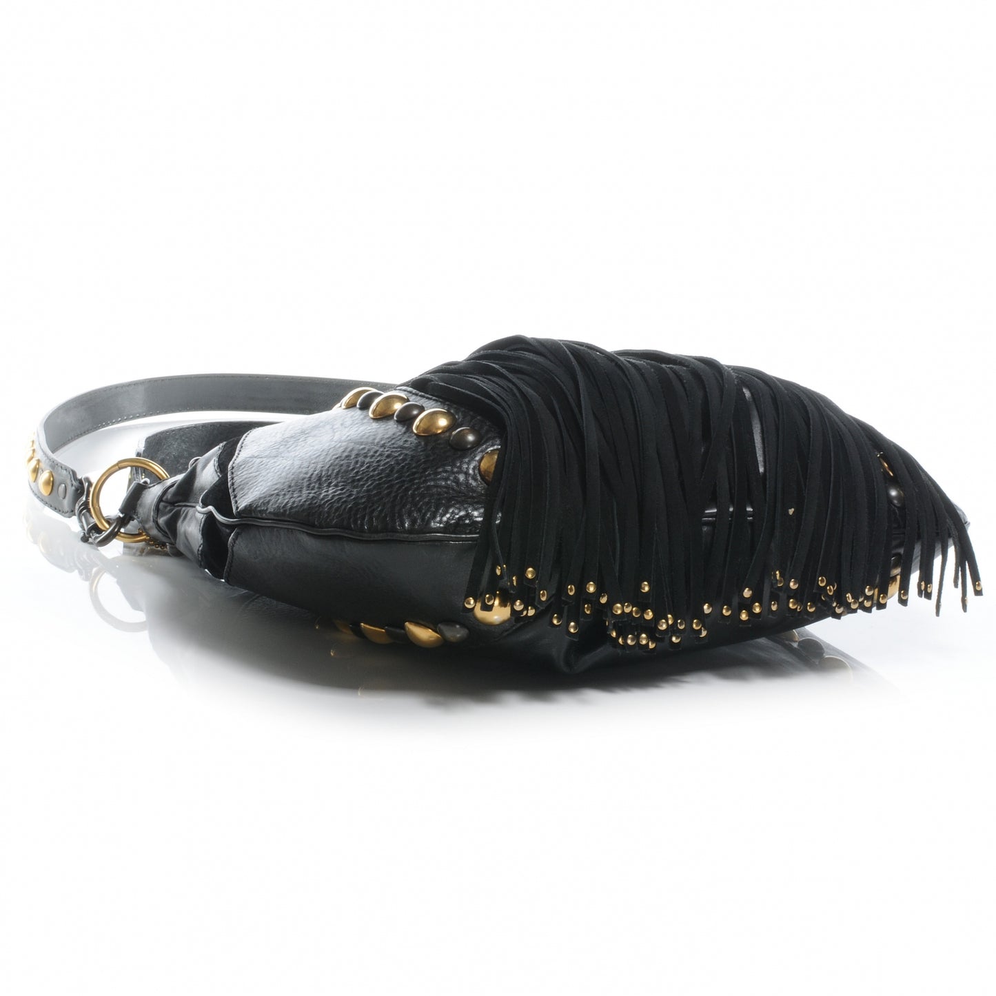 Leather Suede Fringe Babouska Hobo Black