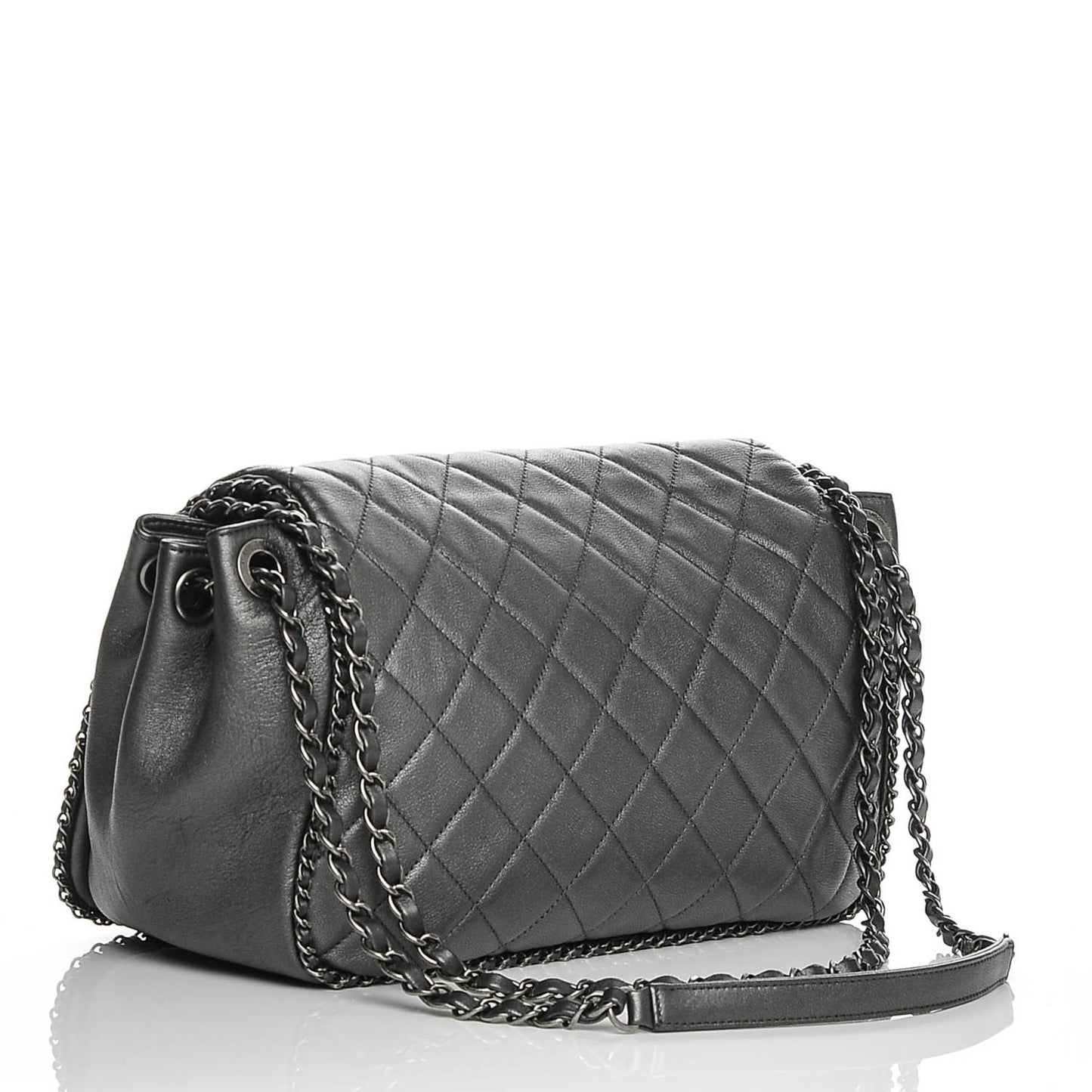 Metallic Calfskin Quilted Large CC Enchained Accordion Flap Grey