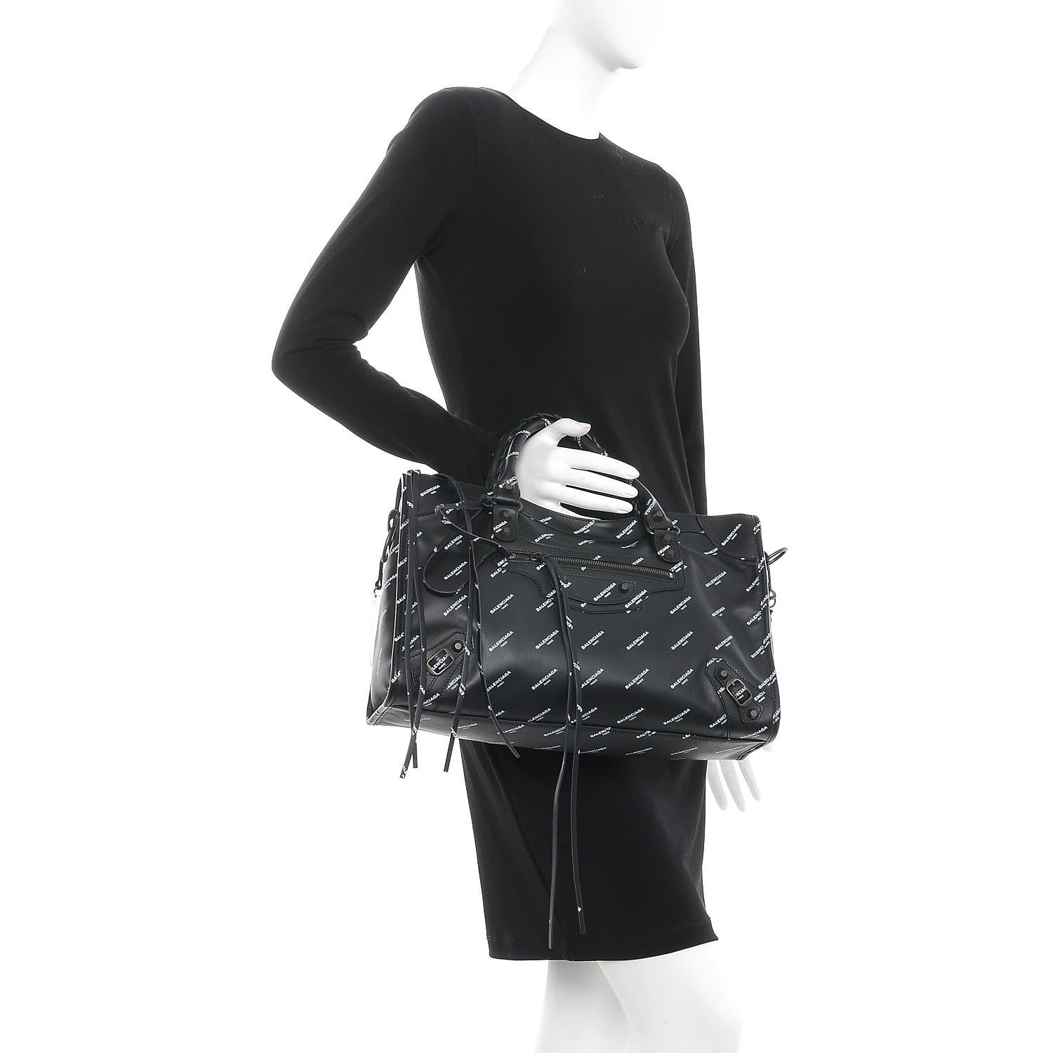 Balenciaga Veau Allover Logo Classic Hardware City Black White 3 of 8