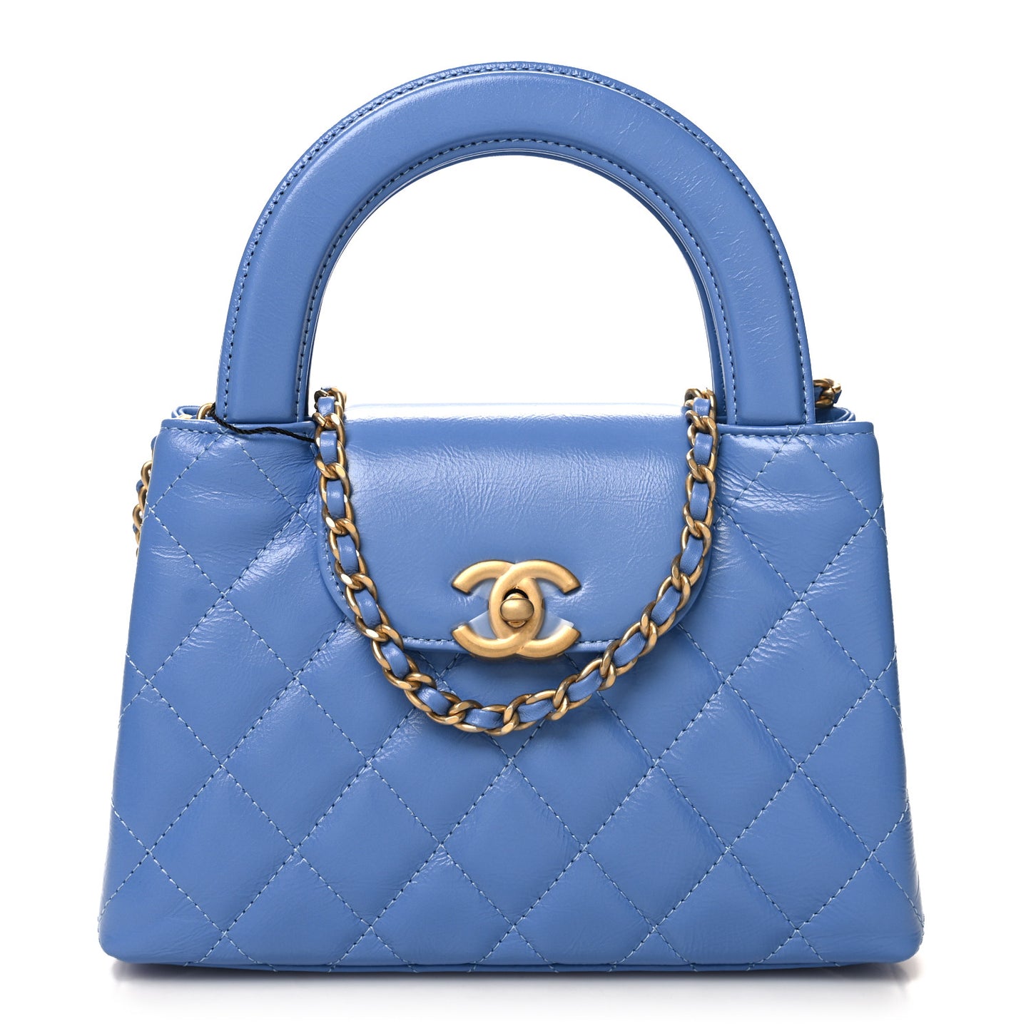 Shiny Aged Calfskin Quilted Nano Kelly Shopper Blue