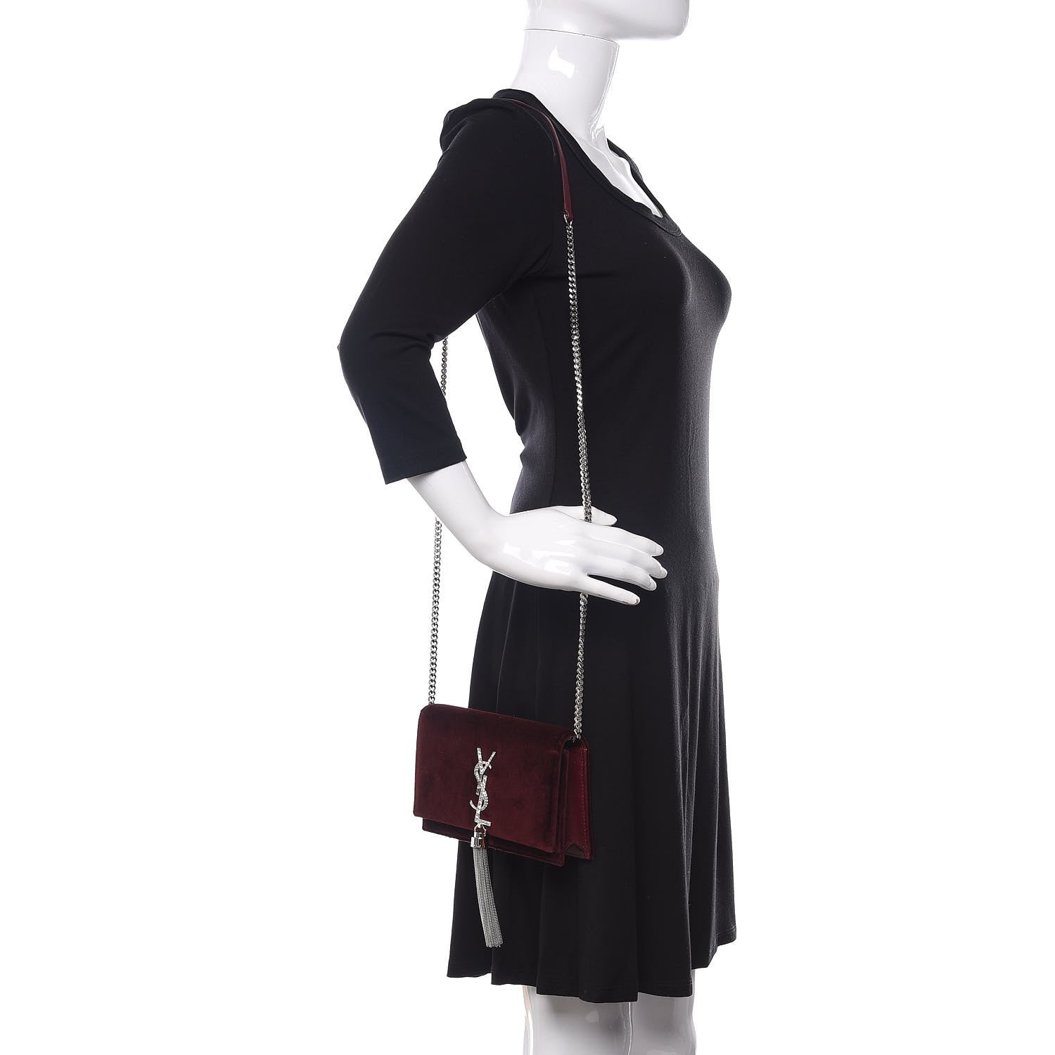 Saint Laurent Velvet Crystal Monogram Kate Tassel Shoulder Bag Burgundy 2 of 11